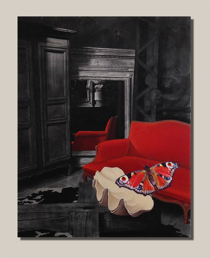 « La sacristie au papillon », fusain et huile sur toile, 130X97 cm, détail