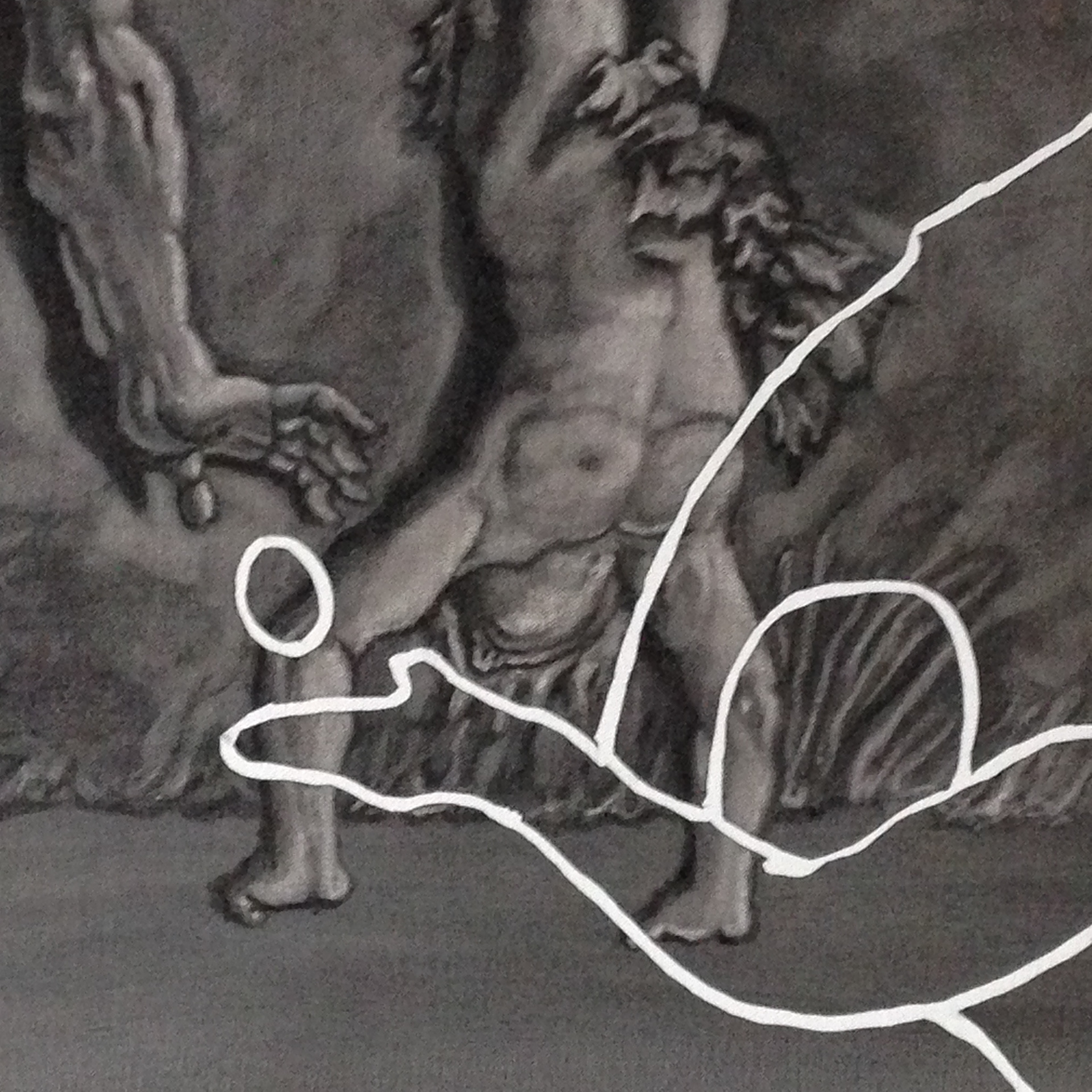 "Le peintre n'est pas un marcheur sur les œufs", série "Les bons conseils", fusain sur toile, 54x81 cm, détail