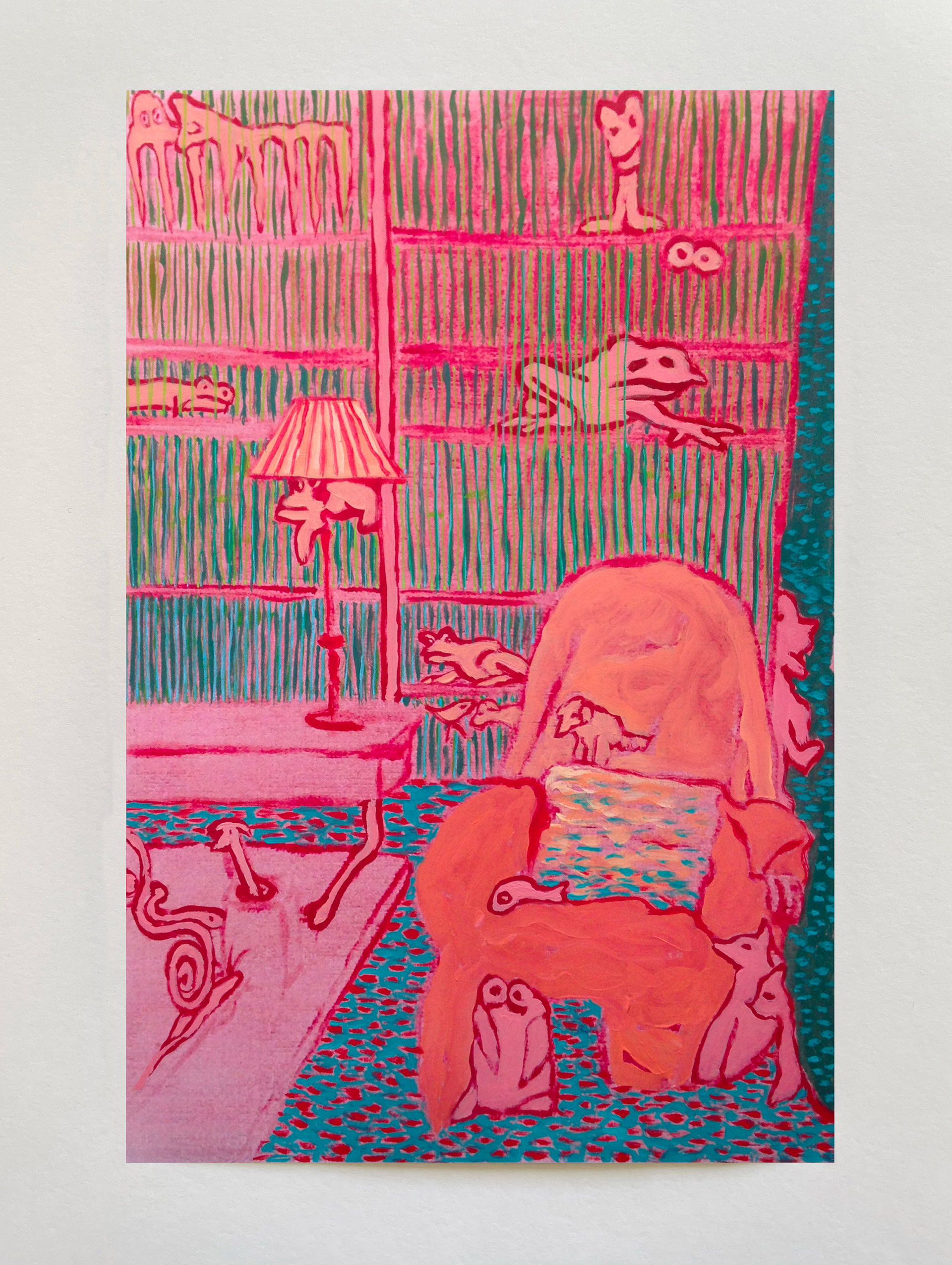 "Intérieur au fauteuil rose" VIII, série "Options", technique mixte sur papier, 29 x 19 cm