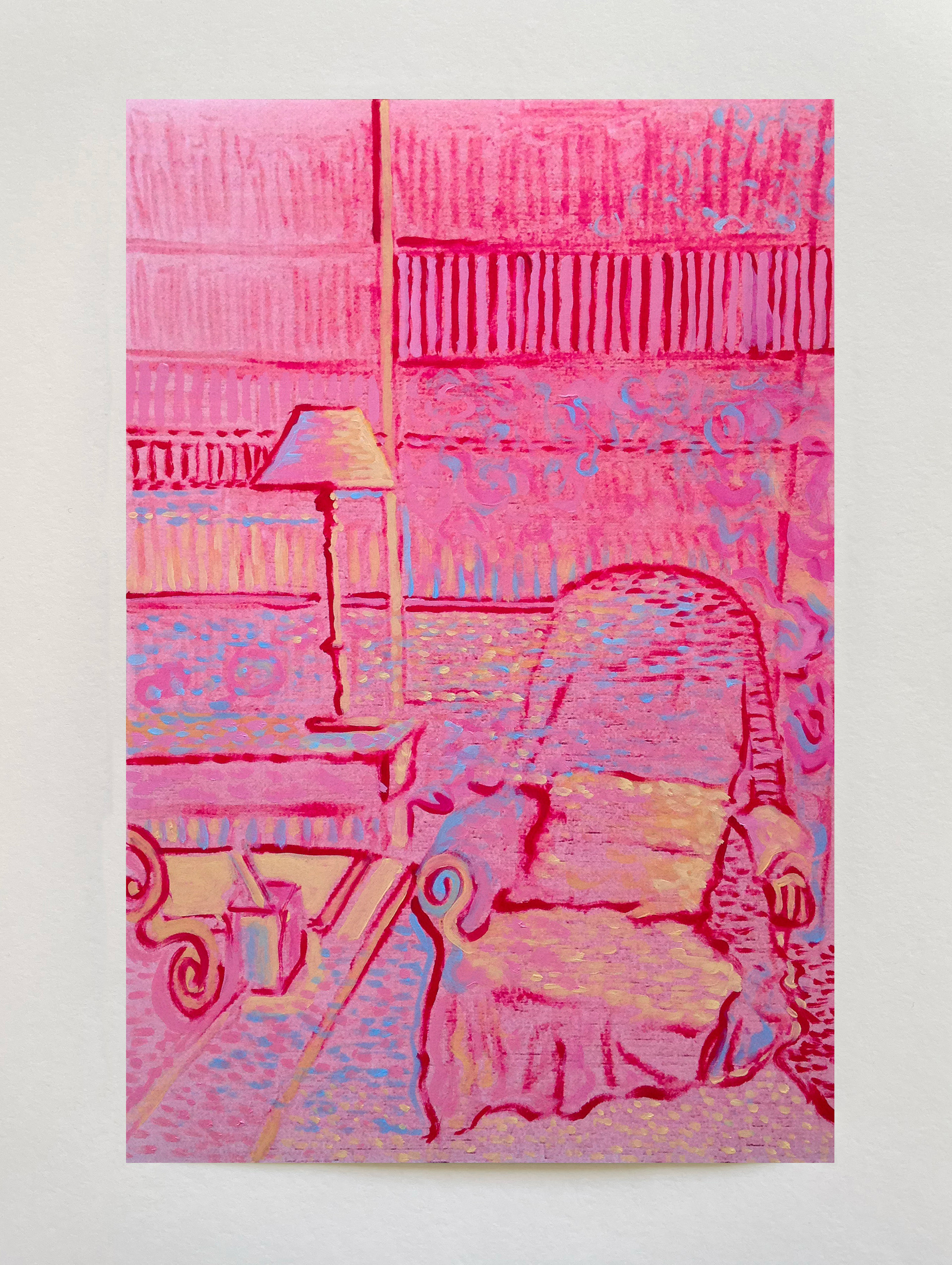 "Intérieur au fauteuil rose" I, série "Options", technique mixte sur papier, 29 x 19 cm