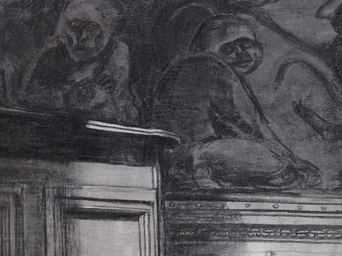 « La sacristie aux singes », fusain sur toile, 146X97 cm, détail