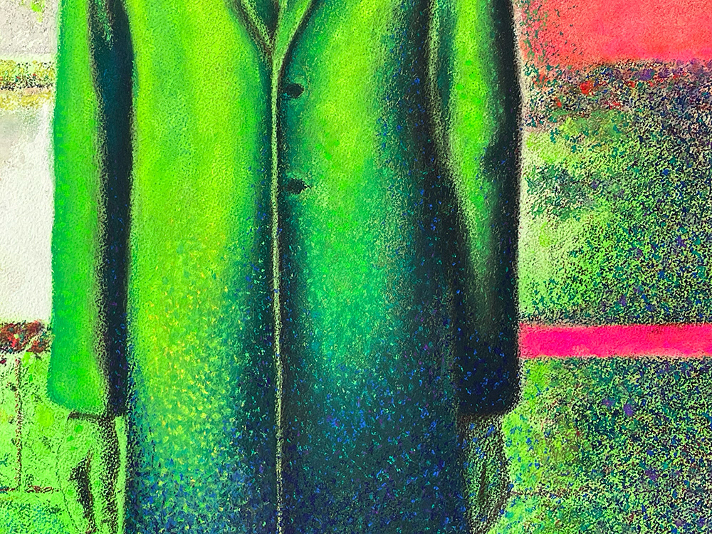 "Perturbations ou catastrophes annoncées", IV, "La ver(te)mine", pastels secs et pigments sur papier, 76 x 56 cm (détail)