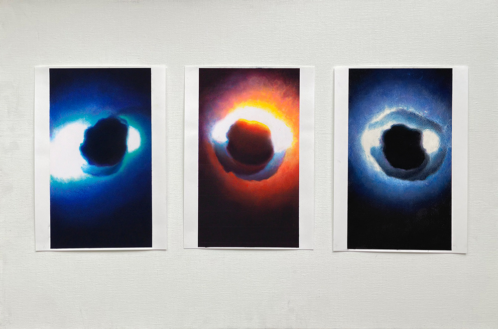 "Errances - Météorites", série 3, I-II-III, encre, pastels secs et pigments sur papier, 30 x 19 cm