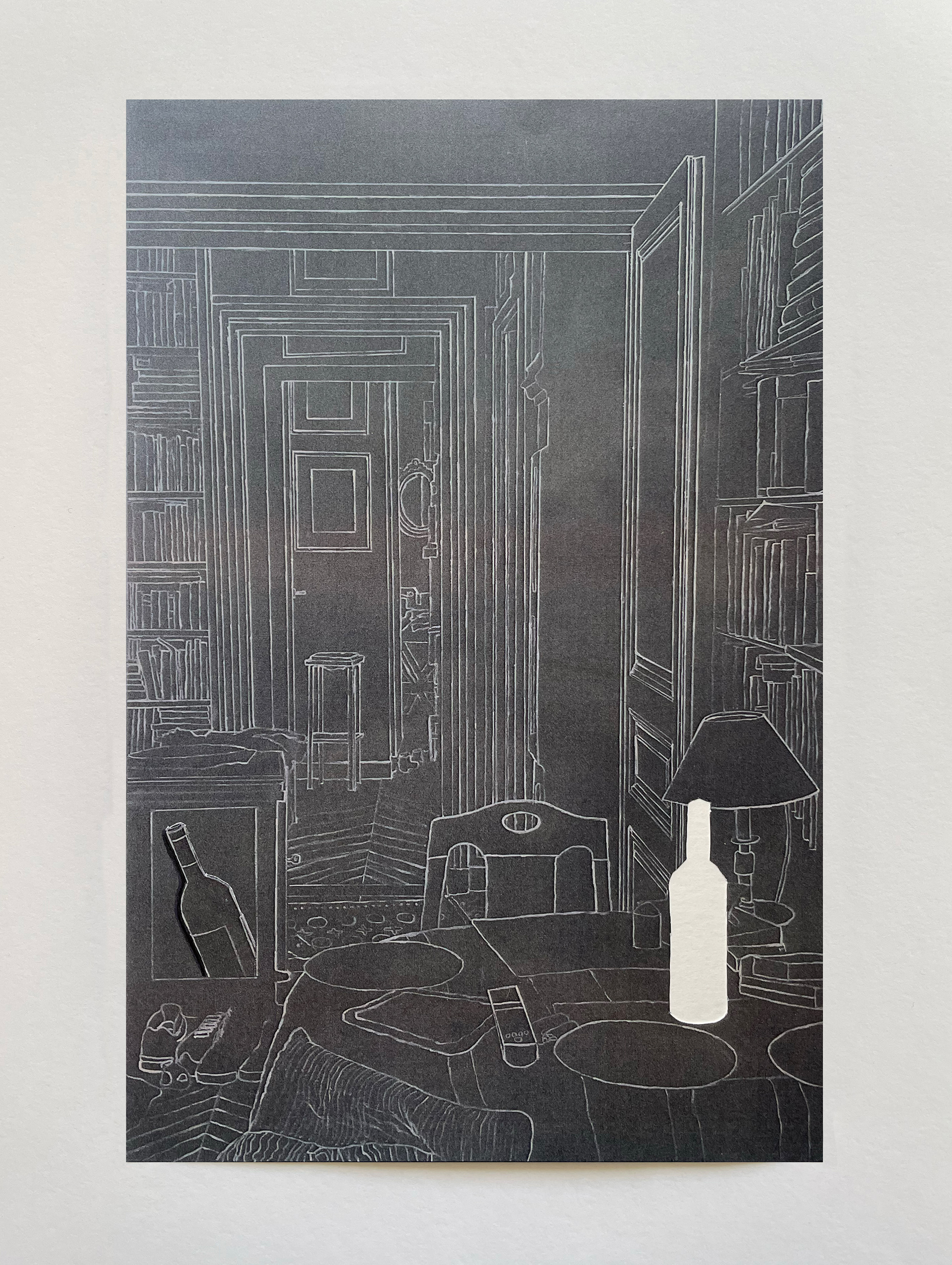 "Intérieur à la table ronde" IX, série "Options", technique mixte sur papier, 29 x 19 cm