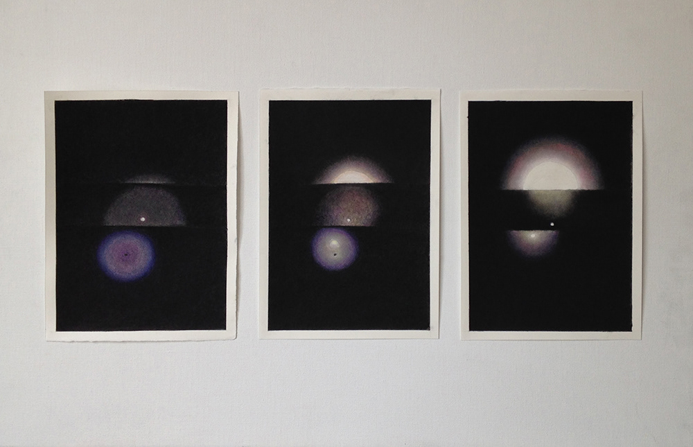 "Errances - Horizons", II-III-IV, fusain et pastels secs sur papier, 27 x 20 cm