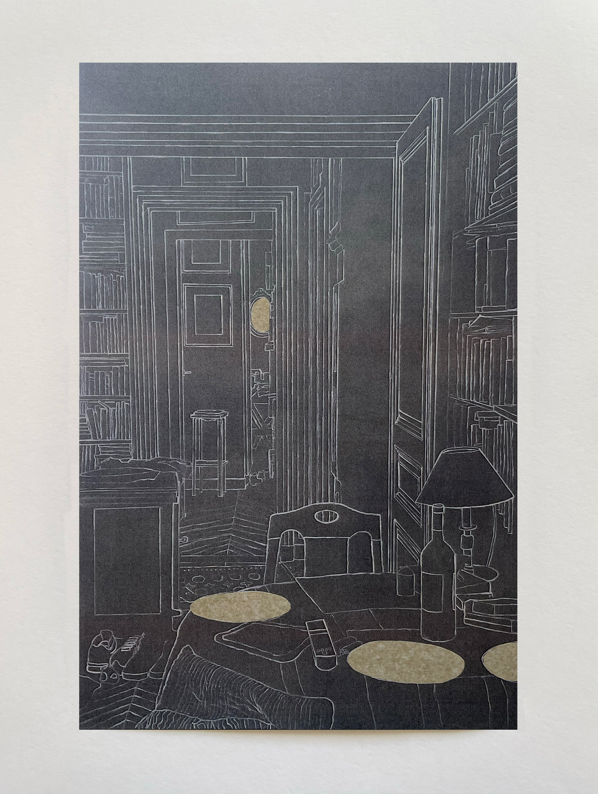 "Intérieur à la table ronde" XIII, série "Options", technique mixte sur papier, 29 x 19 cm