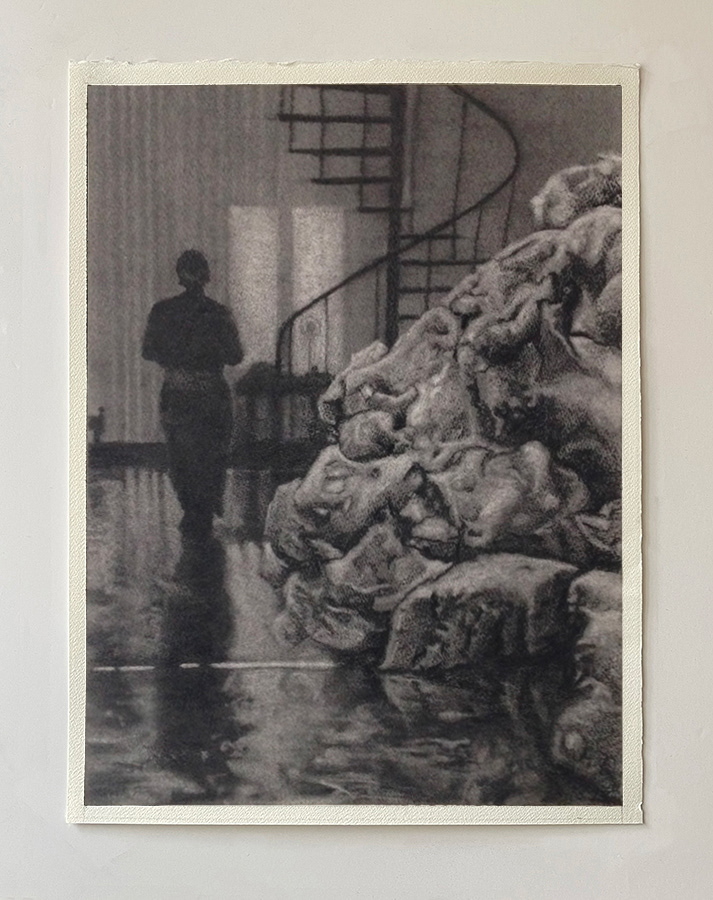 « Météorites » ou « Catastrophes annoncées », fusain sur papier,50x38 cm
