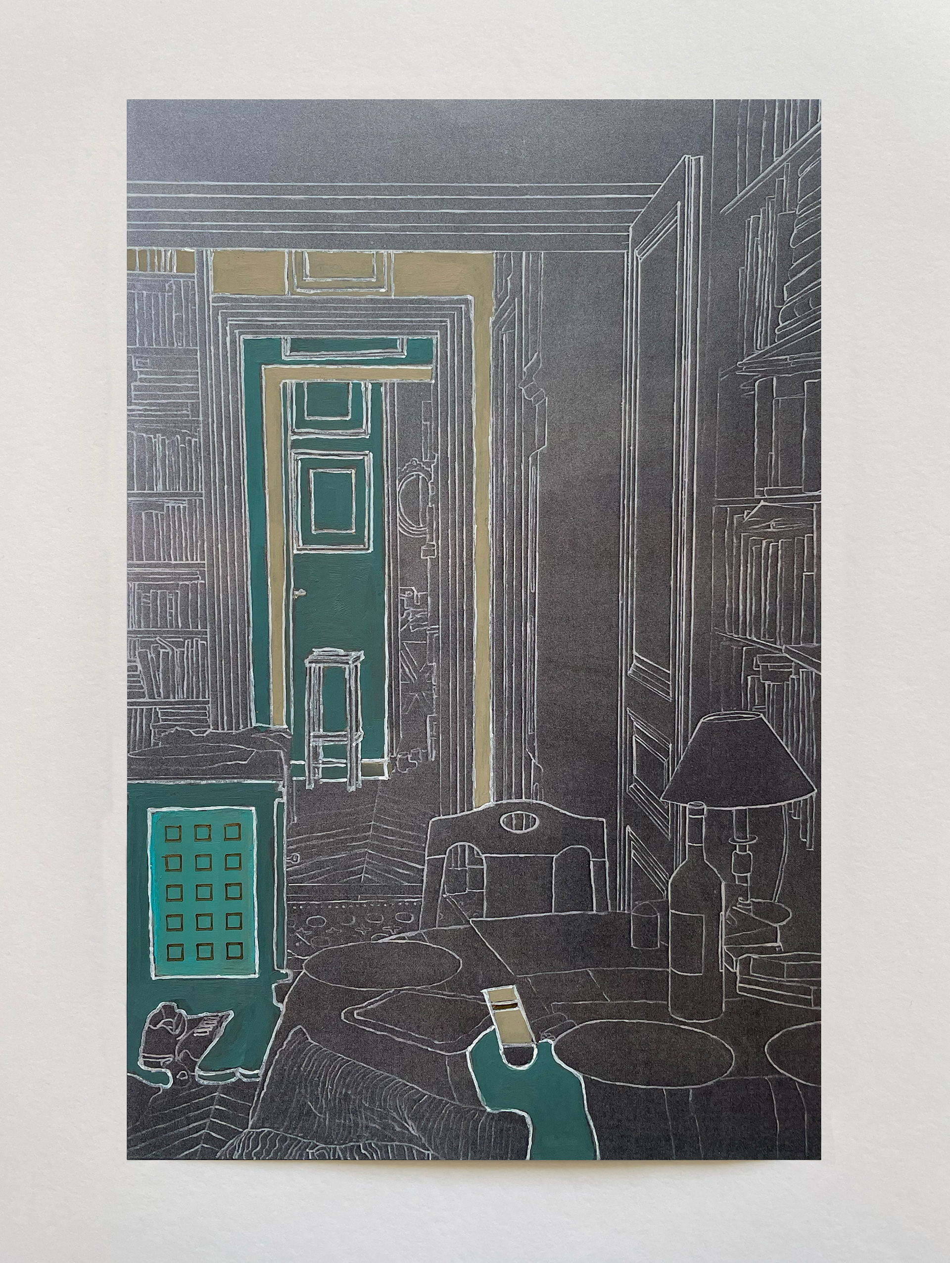 "Intérieur à la table ronde" XVI, série "Options", technique mixte sur papier, 29 x 19 cm