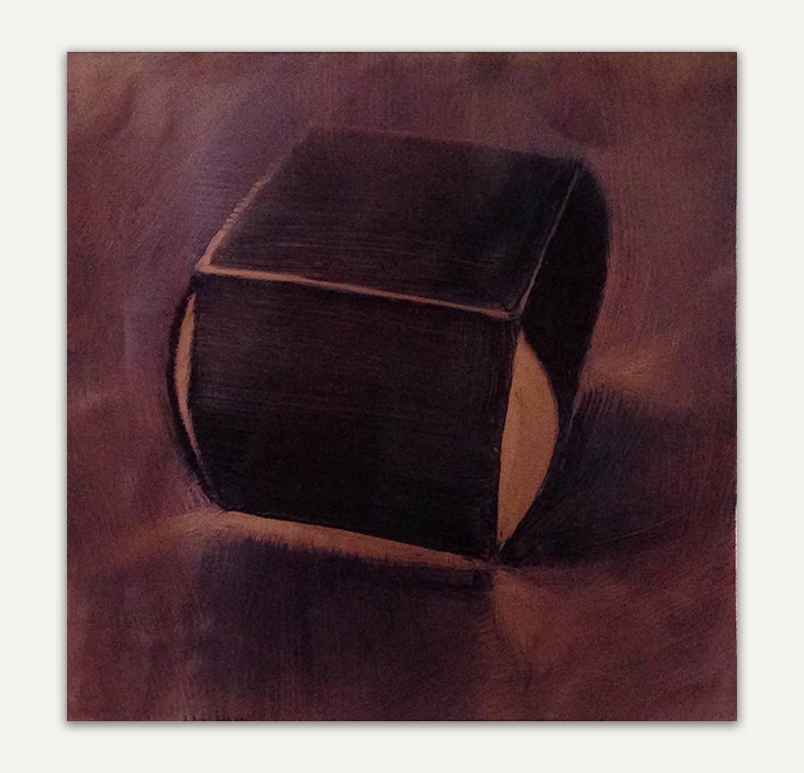"Insides-outsides", huile sur feuille d'aluminium cuivrée, 15 x 15 cm