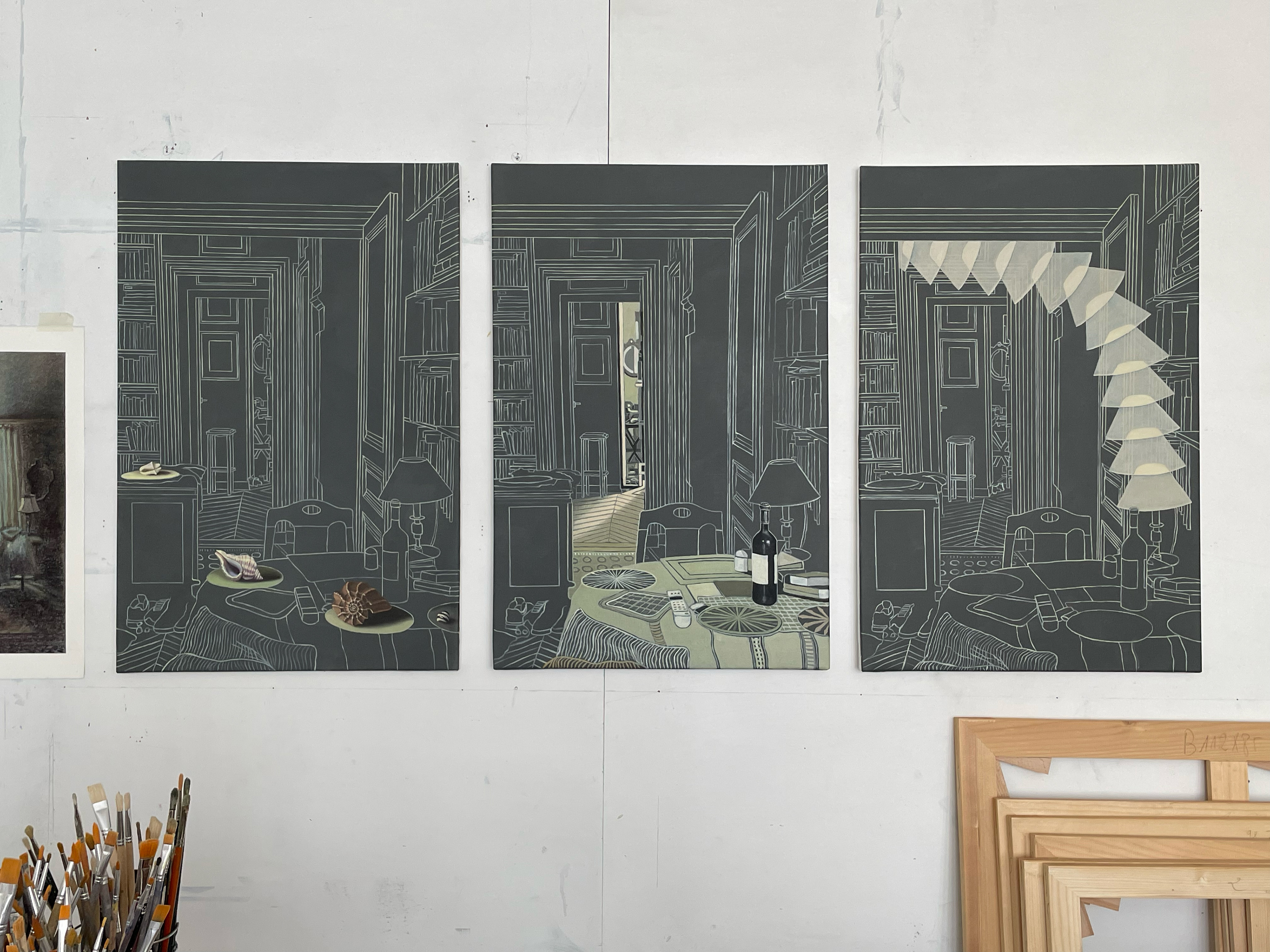 "Intérieur à la table ronde" I-II-III, série "Options", huile sur toile, 81 x 54 cm chaque toile
