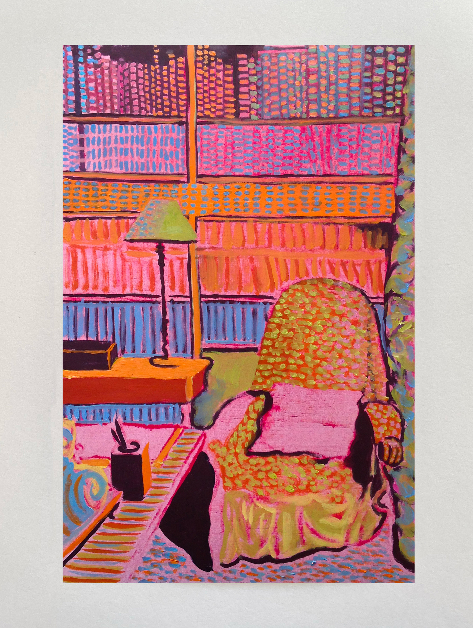 "Intérieur au fauteuil rose" III, série "Options", technique mixte sur papier, 29 x 19 cm