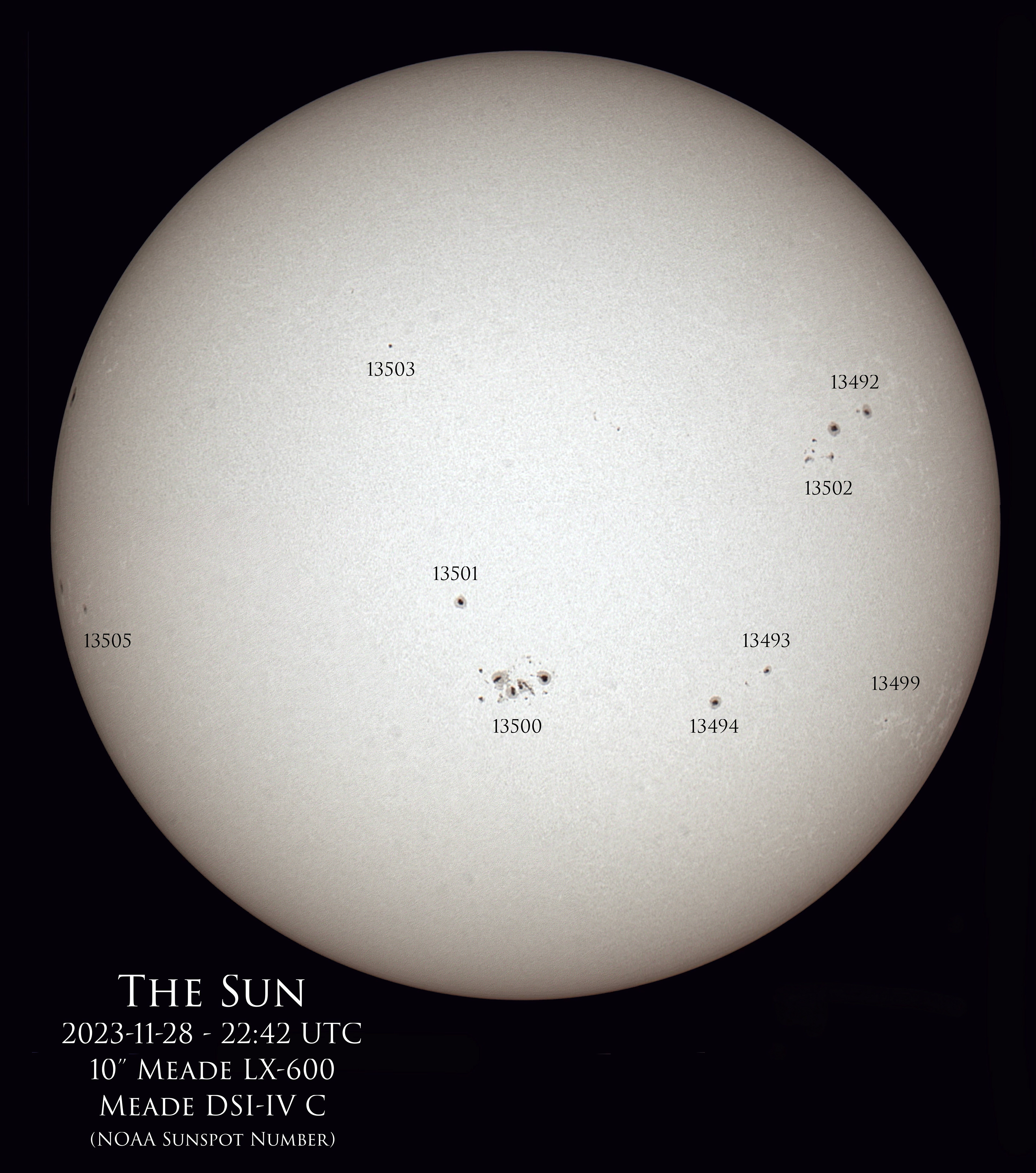 The Sun with Sunspot #'s.  #13500 Flaired