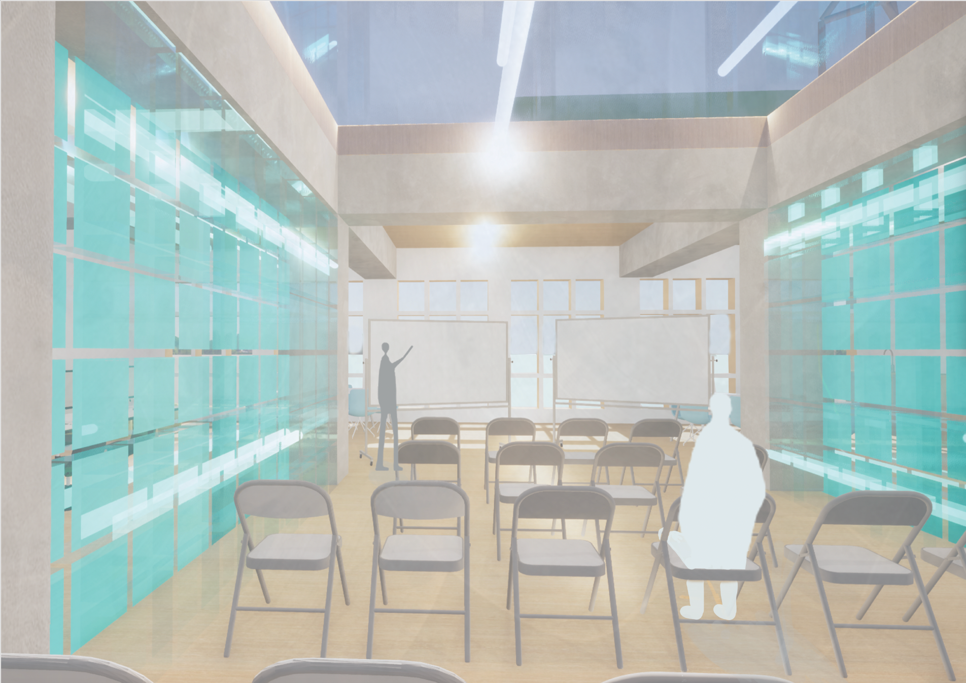 Lecture space on the second floor in between the active walls.