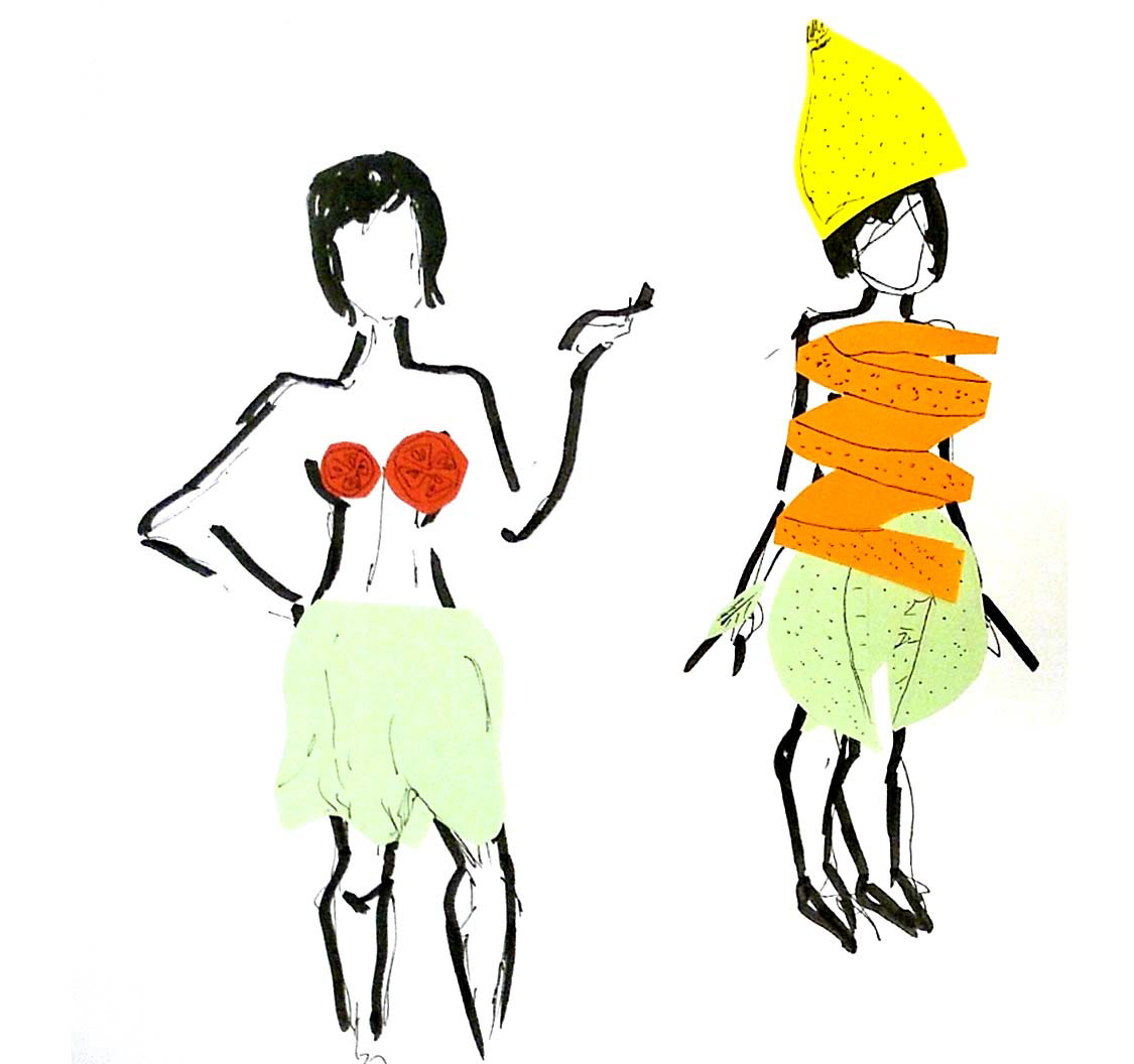 Es ist der erste Versuch der Visualisierung des Konzeptes zu sehen. Hier wurde mit Stift, Papier und Schere gearbeitet, um schnell den gewünschten Effekt der Überlagerung der gesundne Lebensmittel auf den Körper als Kleidungsstücke zu zeigen. Dieser Prototyp wurde im späteren Verlauf weiterentwickelt. Hier sind die Figurinen noch detaillreicher und noch nicht so stark an Figurinen im Modedesign angelehnt.
