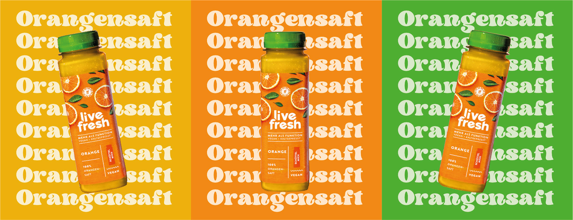 Es werden 3 Plakate nebeinander gezeigt, auf denen der Orangensaft als zentraler Hero mittig in jedem Plakat gesetzt wurde. Die Werbeplakate sind poppig, modern, laut, farbenfroh, bunt und trotzdem minimalistisch. Die primären Farben der Orangensaftflasche und des Packagings wurden aufgegriffen und in den Plakaten verwendet. Die Kampagne besticht durch diese Farbliche harmonie. Im Hintergrund ist der Schriftzug "Orangensaft" als Muster zum Einsatz gekommen, dieser verdeutlicht, um was für ein Produkt es geht. Das Produkt steht im Vordergrund. 
