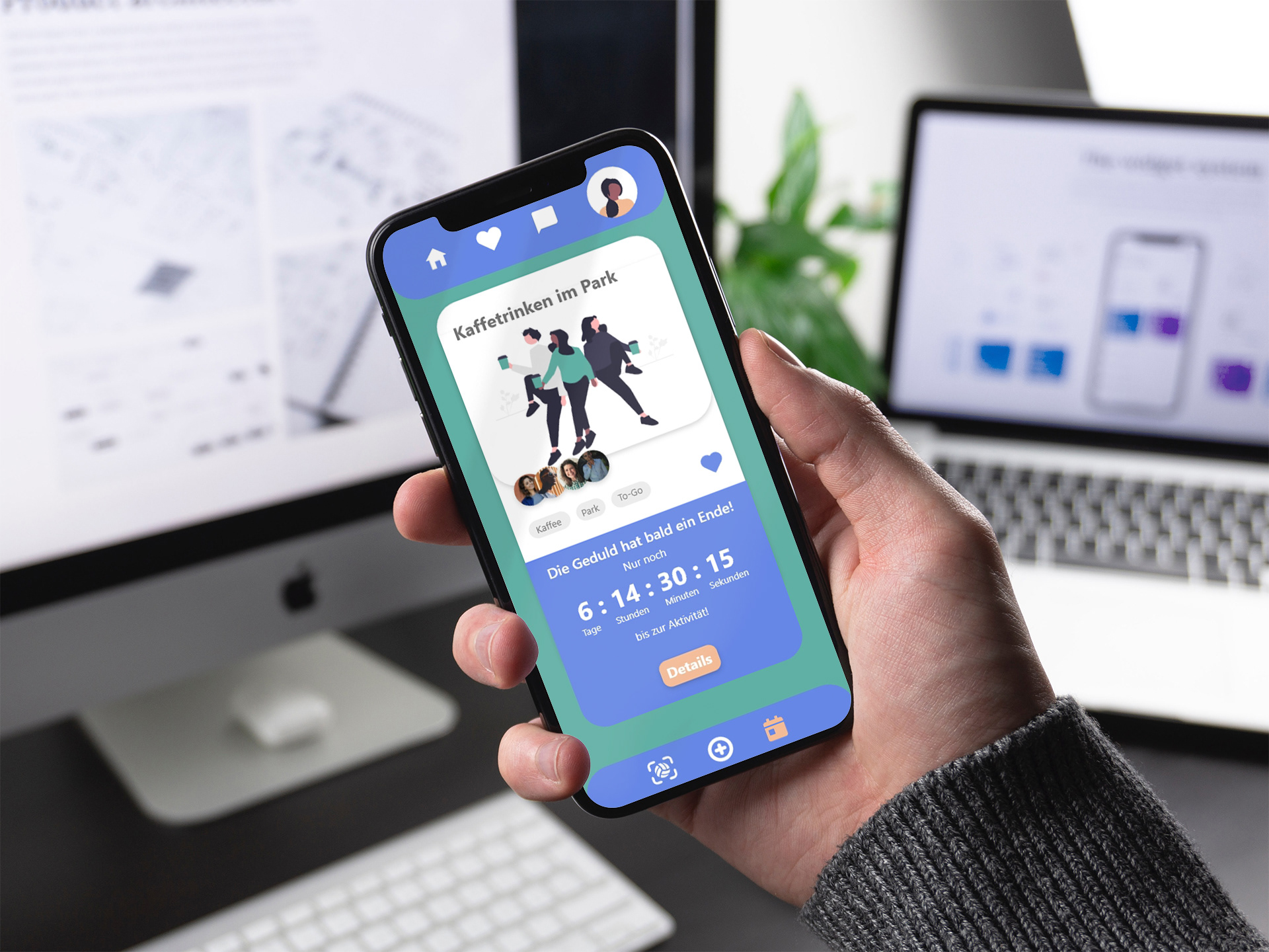 Bildschirm mit Countdown Anzeige in der App zu der Aktivität simuliert