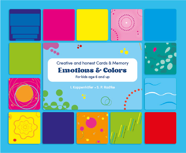 Übersicht Emotions & Colors, die Verpackung in der Mitte und verschiedene Memory Karten außenrum, um die Vielfalt der Karten und Farben zu zeigen