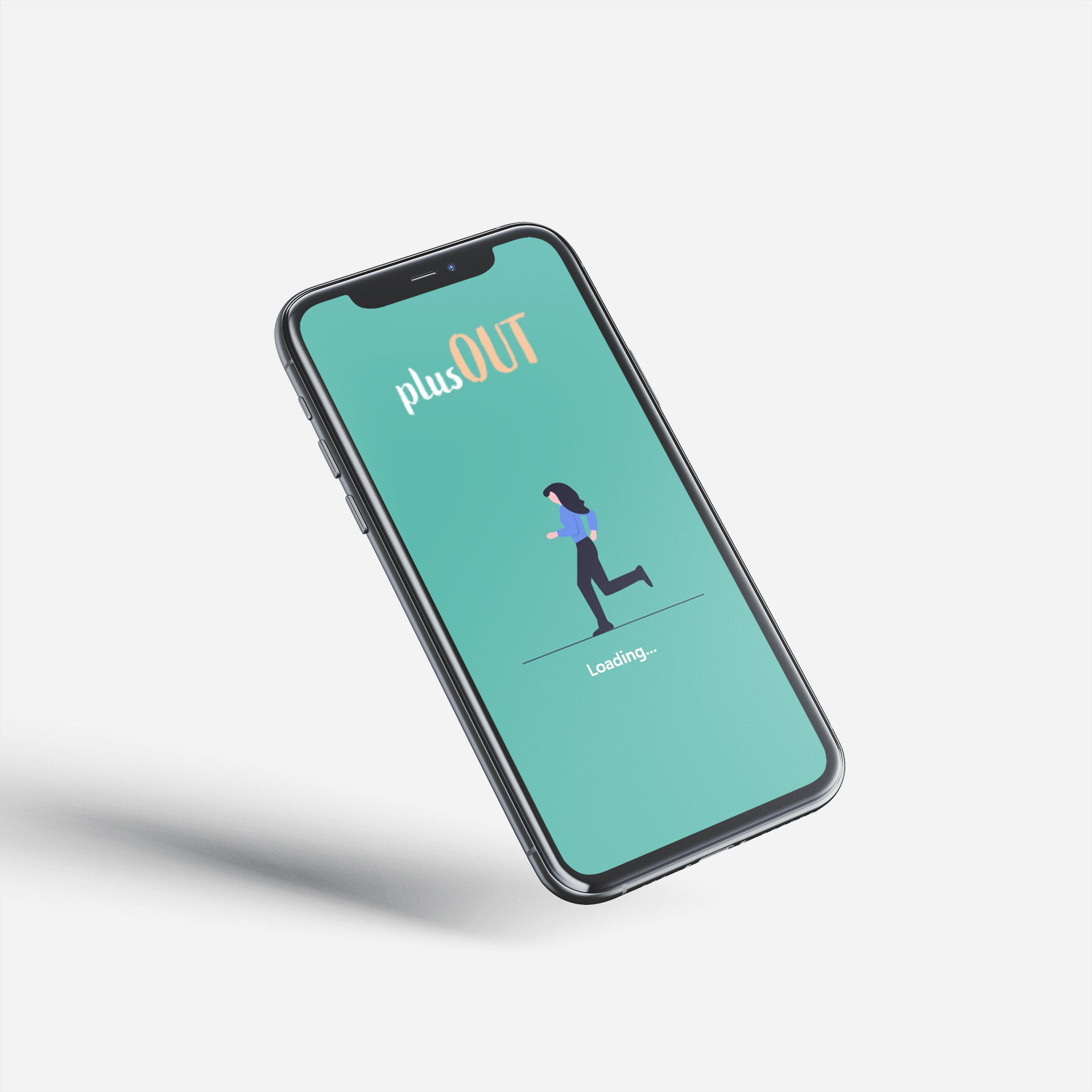 Mockup des Startbildschirm der App plusOUT in einem iPhone