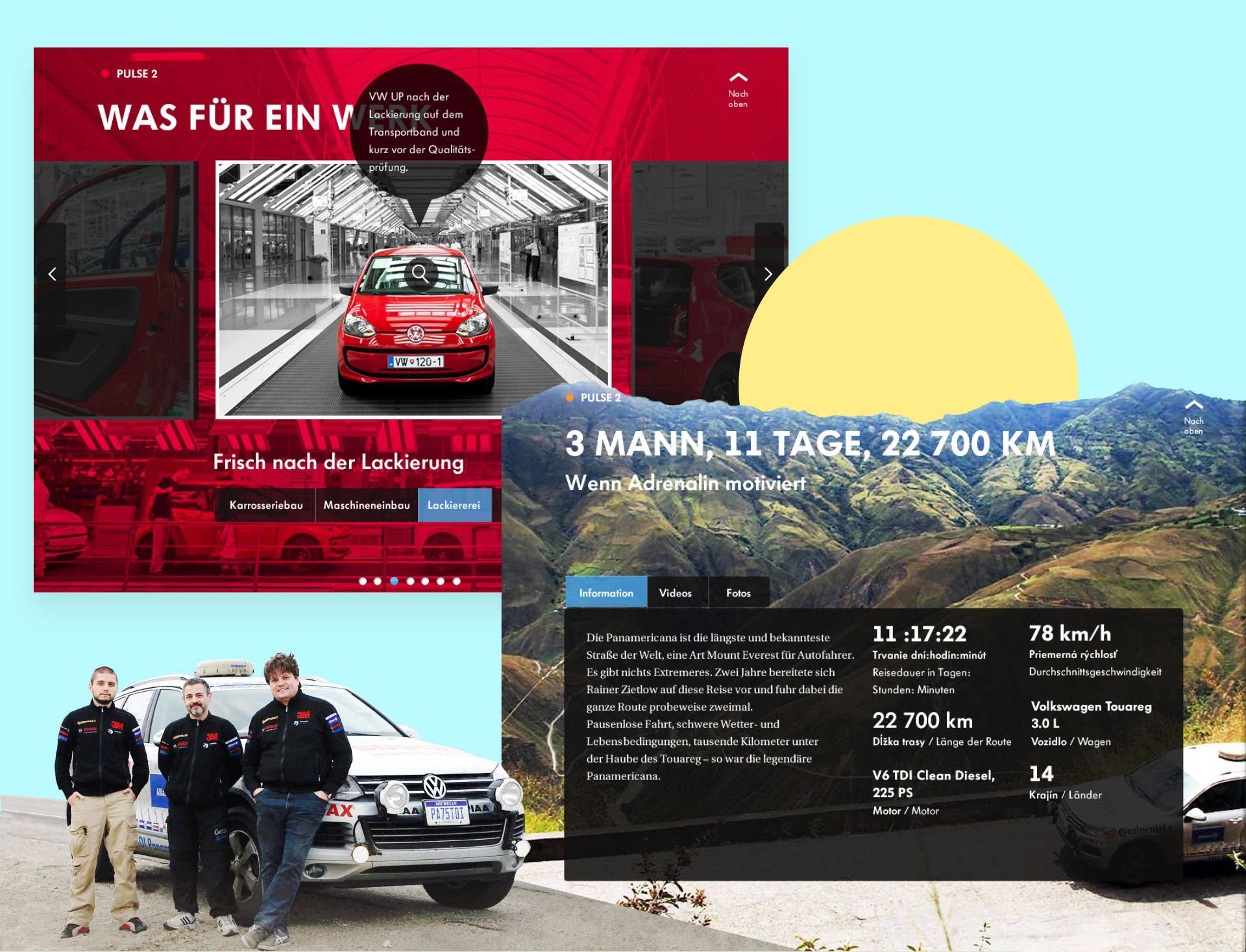 In Slovakia the car model Up is produced and a special travel feature with three men travelling 22700 kilometers around the globe