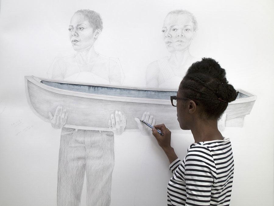 The Return. Two women holding a boat. Emancipatory story. Emancipatory art. Memory story. Colonialism and Indigo. Indigo plantation. Funerary rites. Life sized drawing. Ancient cosmology. African cosmology. Charmaine Watkiss. Trinity Buoy Wharf Drawing Prize 2019.