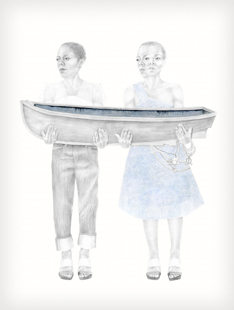 The Return. Two women holding a boat. Emancipatory story. Emancipatory art. Memory story. Colonialism and Indigo. Indigo plantation. Funerary rites. Life sized drawing. Ancient cosmology. African cosmology. Charmaine Watkiss. Trinity Buoy Wharf Drawing Prize 2019.