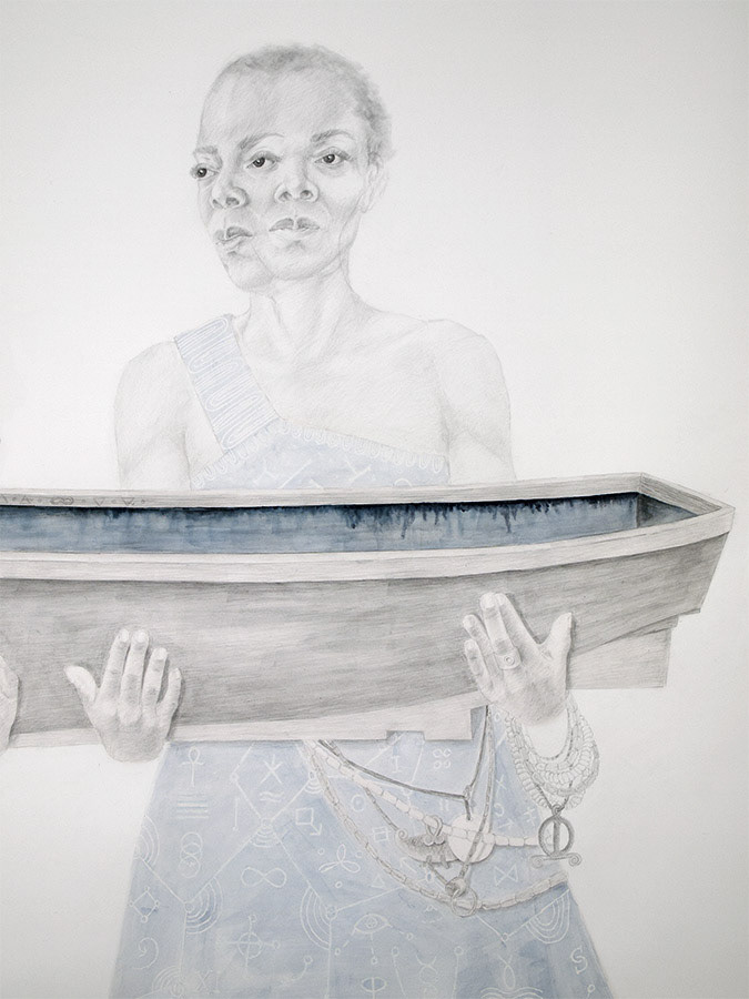The Return. Two women holding a boat. Emancipatory story. Emancipatory art. Memory story. Colonialism and Indigo. Indigo plantation. Funerary rites. Life sized drawing. Ancient cosmology. African cosmology. Charmaine Watkiss. Trinity Buoy Wharf Drawing Prize 2019.