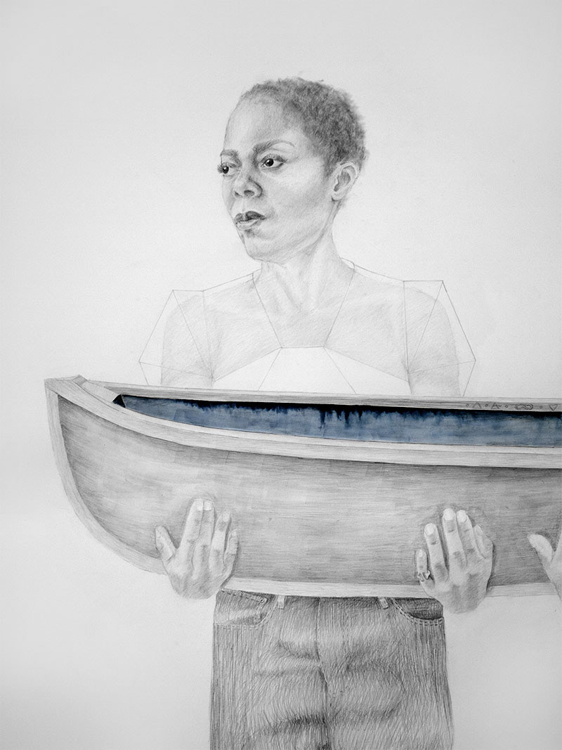 The Return. Two women holding a boat. Emancipatory story. Emancipatory art. Memory story. Colonialism and Indigo. Indigo plantation. Funerary rites. Life sized drawing. Ancient cosmology. African cosmology. Charmaine Watkiss. Trinity Buoy Wharf Drawing Prize 2019.