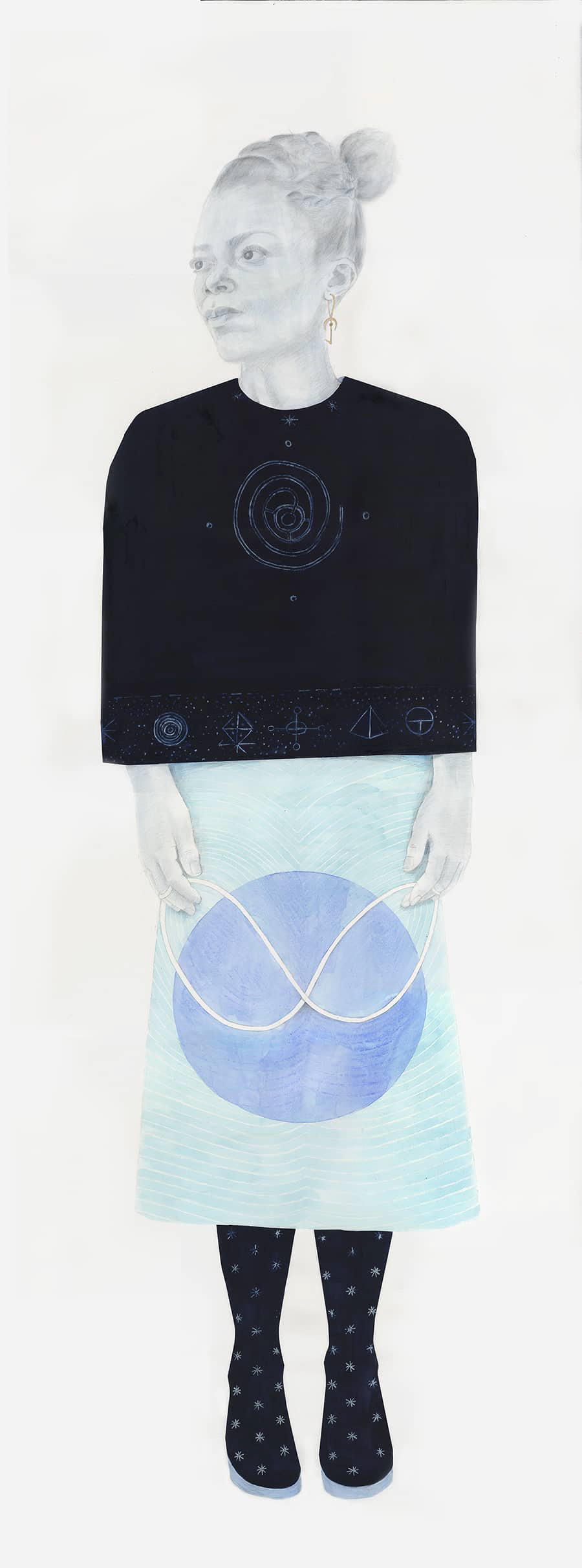 Knowledge Keeper. Life sized drawing. Yoruba Divination Bowl. Ancient African knowledge. African cosmology. Yoruba cosmology. West Afrian Cosmology. Charmaine Watkiss. Memory stories. Cartwright Hall Bradford