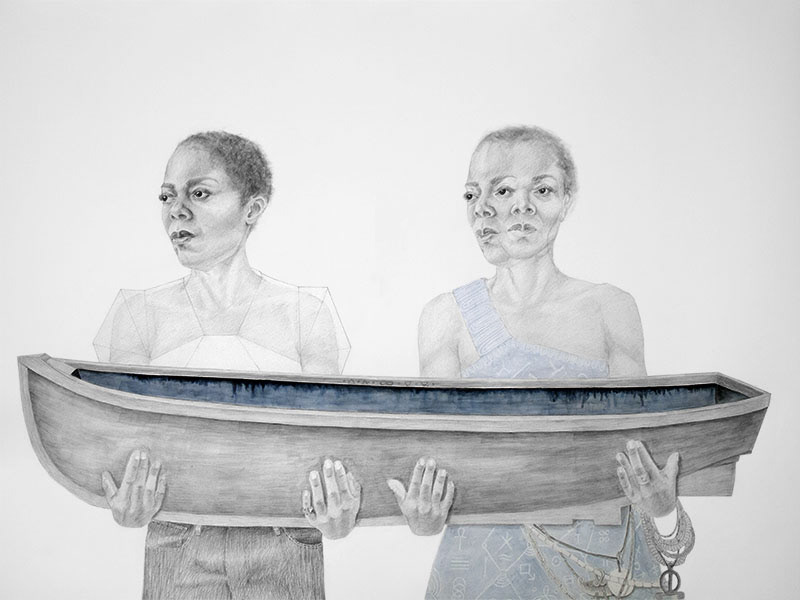 The Return. Two women holding a boat. Emancipatory story. Emancipatory art. Memory story. Colonialism and Indigo. Indigo plantation. Funerary rites. Life sized drawing. Ancient cosmology. African cosmology. Charmaine Watkiss. Trinity Buoy Wharf Drawing Prize 2019.