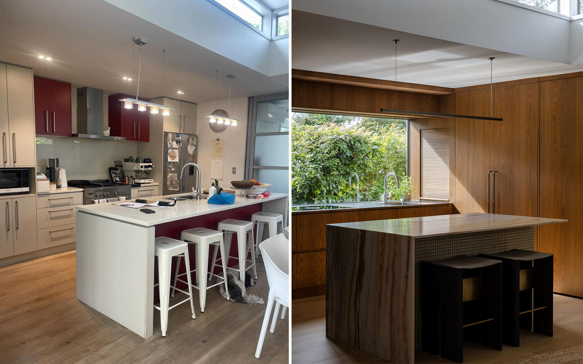 Before-and-after view of Annika Rowson’s kitchen transformation, showing the original layout beside the finished mid-century-inspired design