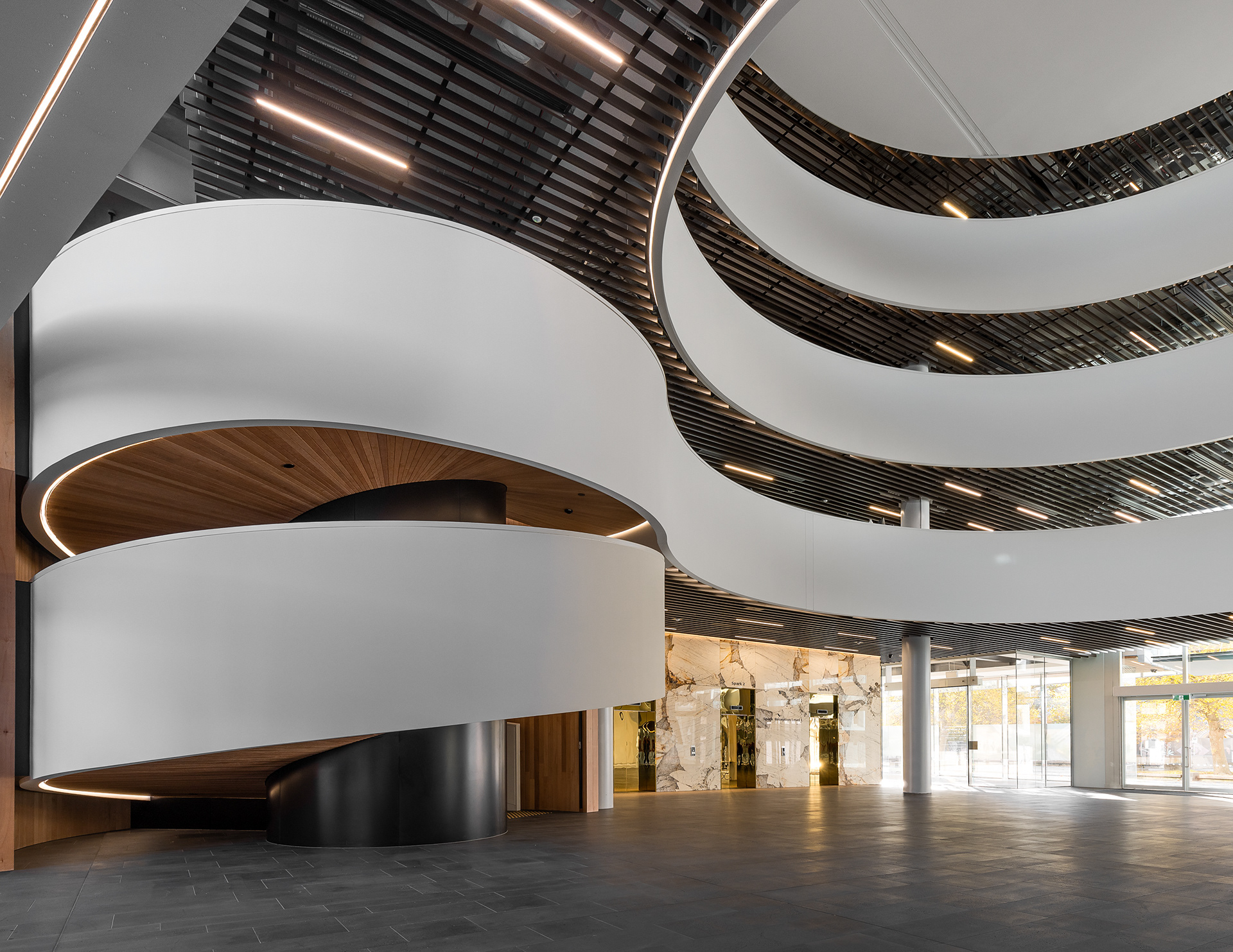 Spark building Christchurch, contemporary commercial interior with sculptural curved ceilings, timber detailing and integrated lighting