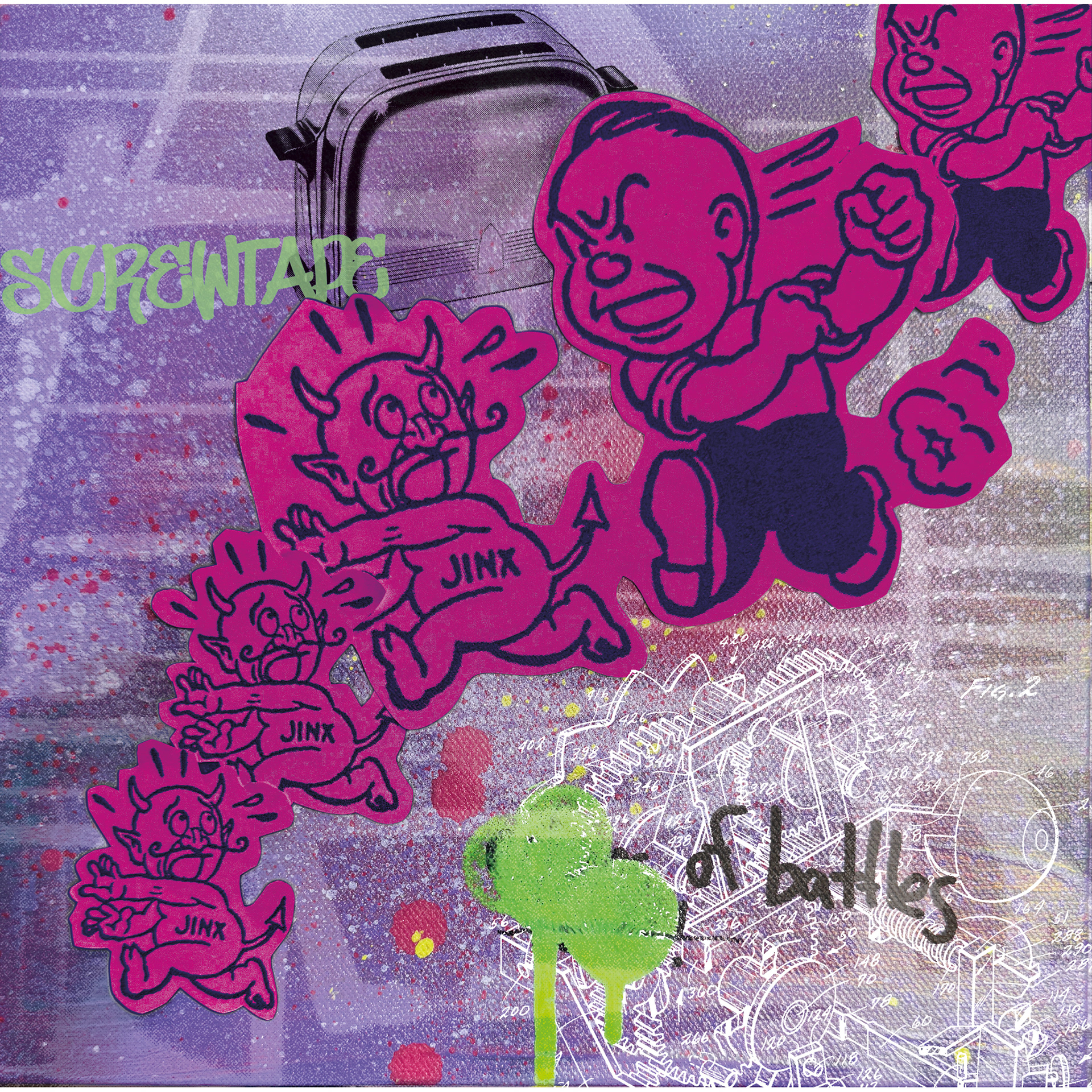 "Screwtape vs. Jinx" collage, acrylic, enamel, Birko Ink