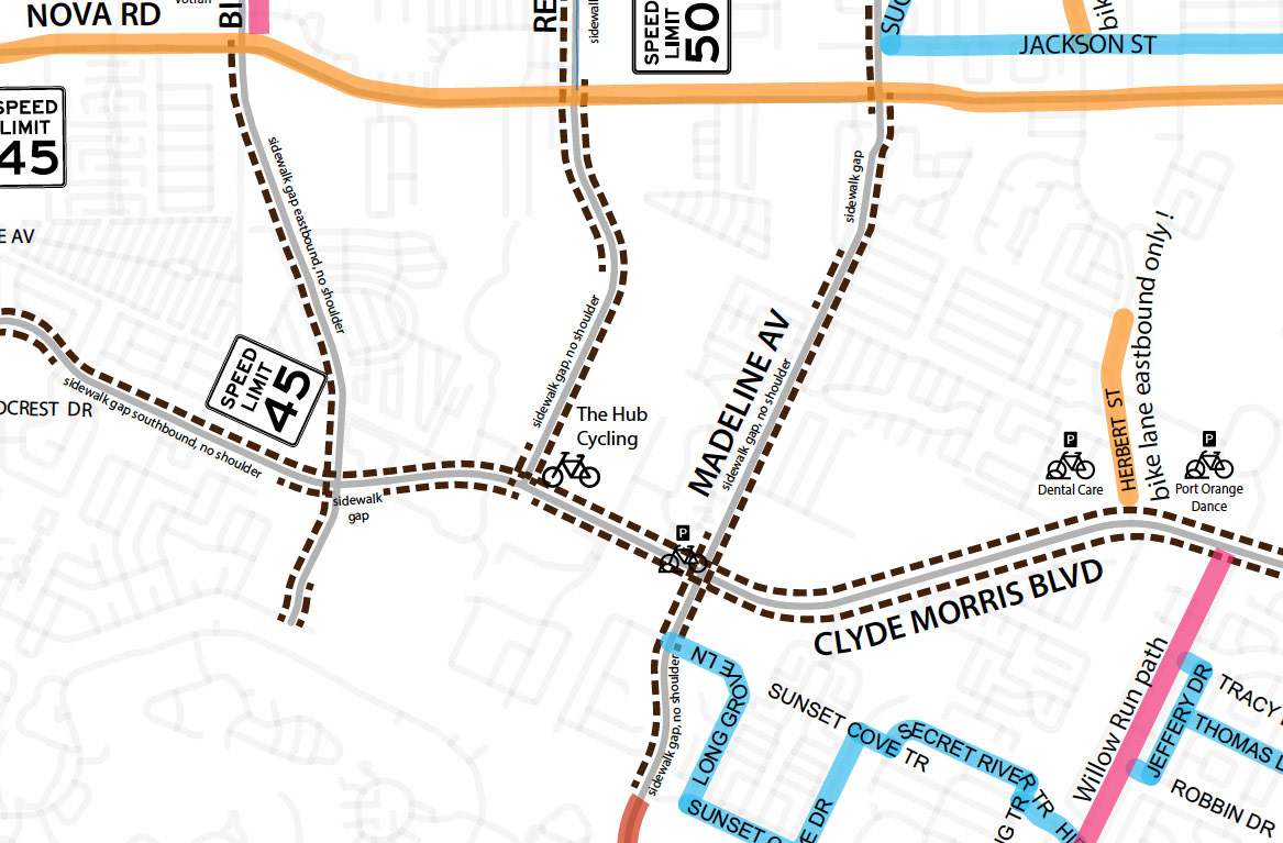 Sidewalks and sidewalk gaps on and around Clyde Morris Blvd.