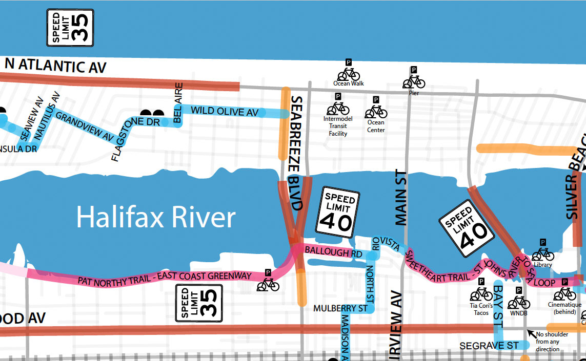 East Coast Greenway shows on-street (blue) and off-street (pink) sections.