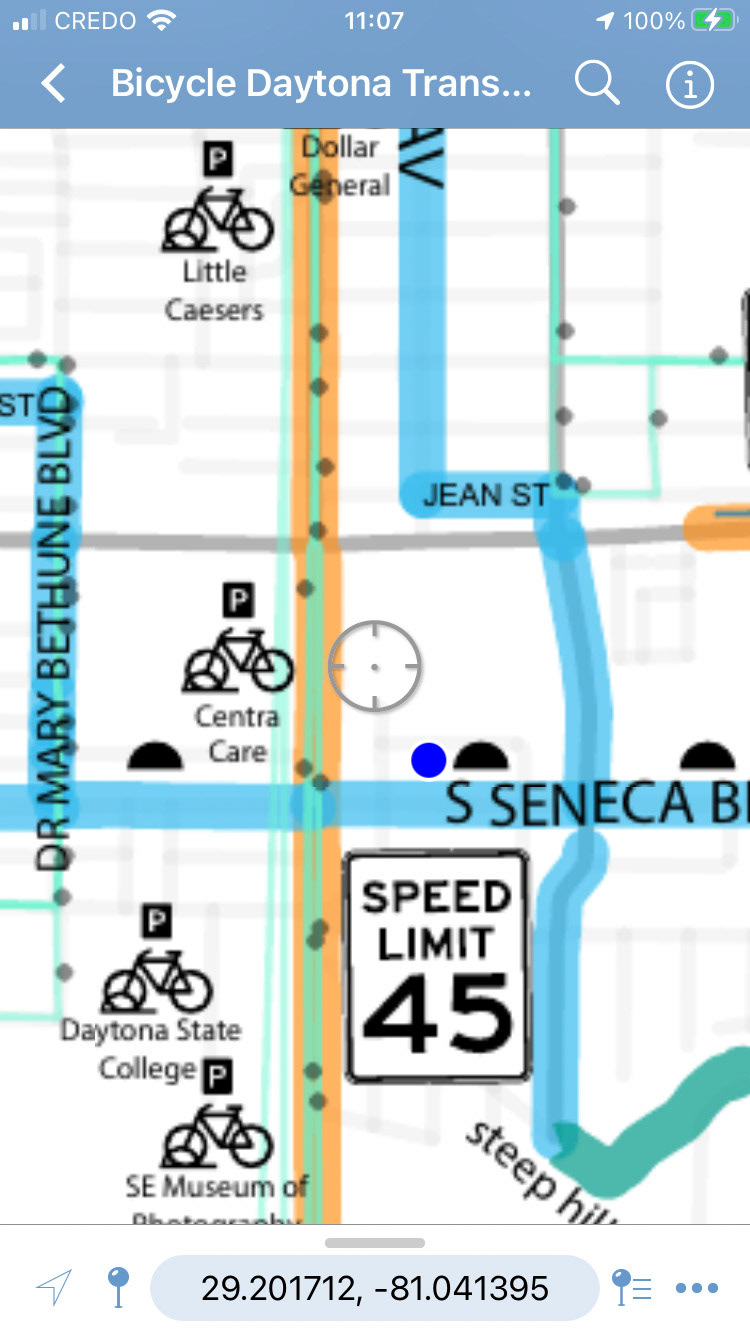Screenshot of my map in the Avenza Maps app.  The blue dot is the user's location.  The latitude and longitude of the crosshairs appears at the bottom.