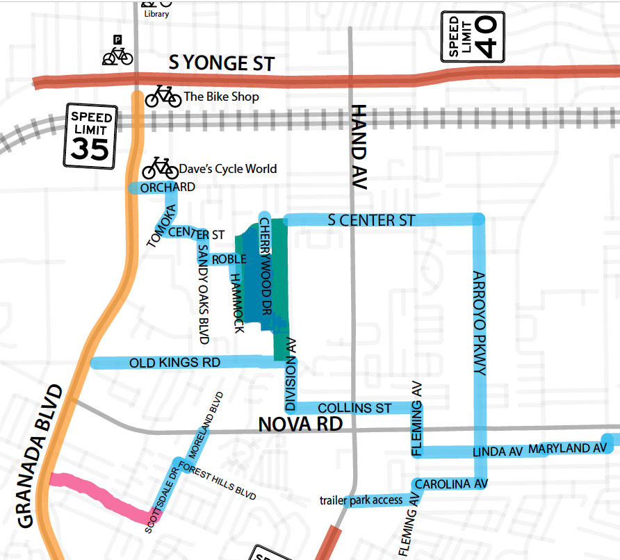 Map also shows the locations of bike shops and bicycle parking