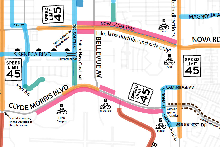 Six different types of connections: streets, paths, bike lanes, sidewalks, shoulders and sand/grass.