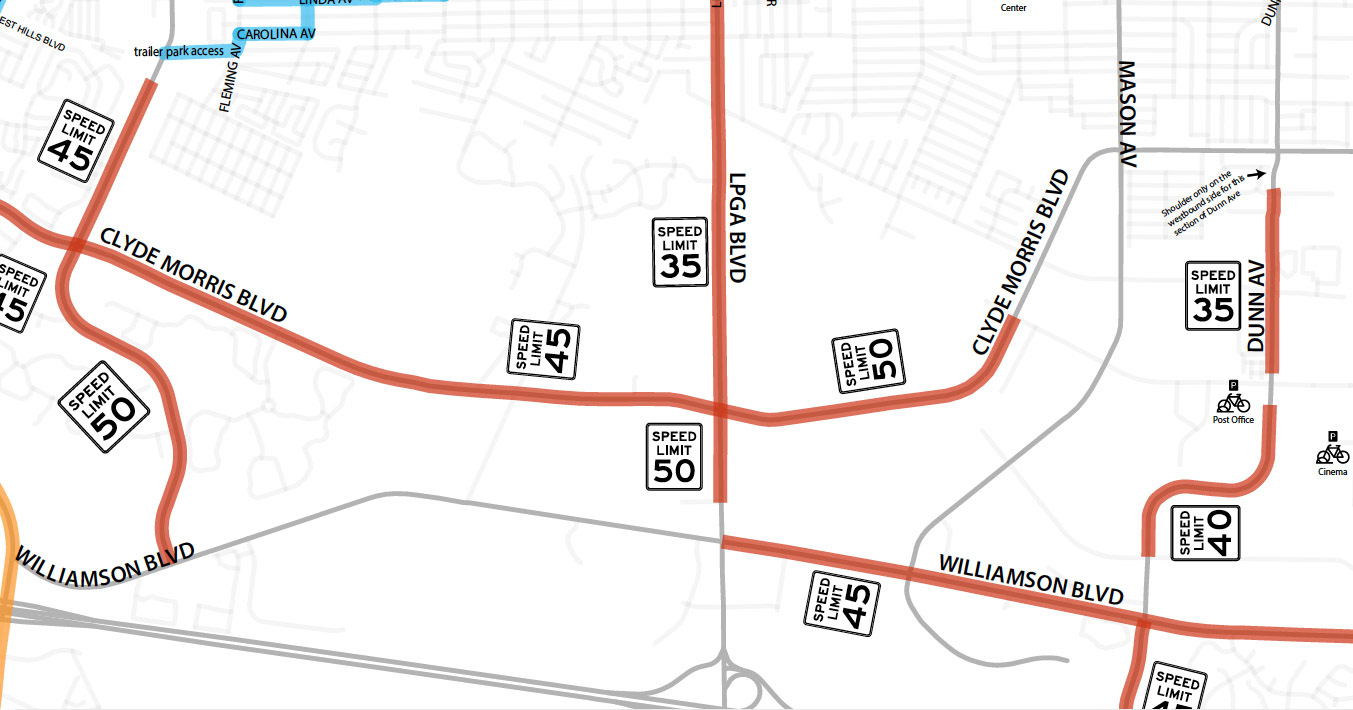 Shoulder locations and speed limits on busy arterial roads are marked.