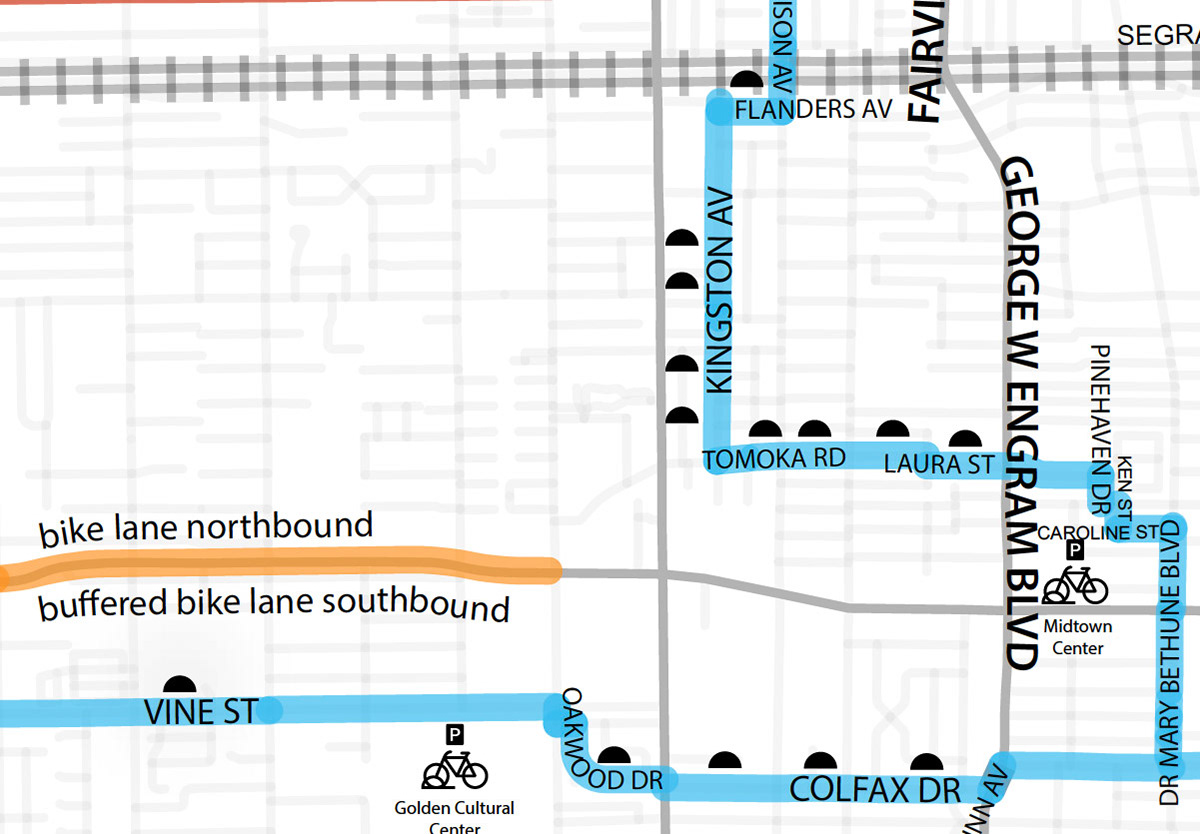 Low stress routes are marked in blue. Black domes show speed bump locations