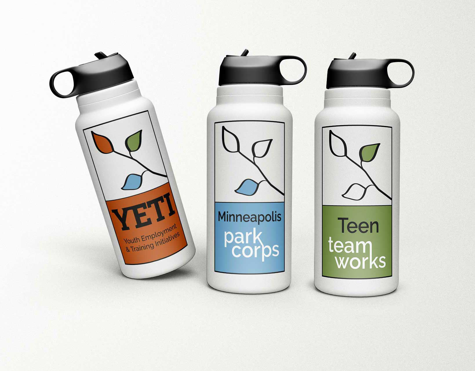 3 white water bottles with black caps. Each has a logo featuring an illustration of a tree branch with three leaves outlined in black line brushstroke.