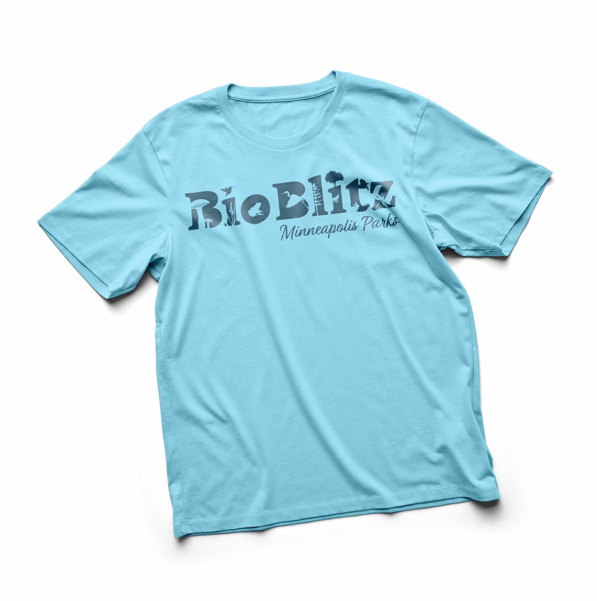 A light blue t-shirt with the words BioBlitz in a dark blue printed on them.