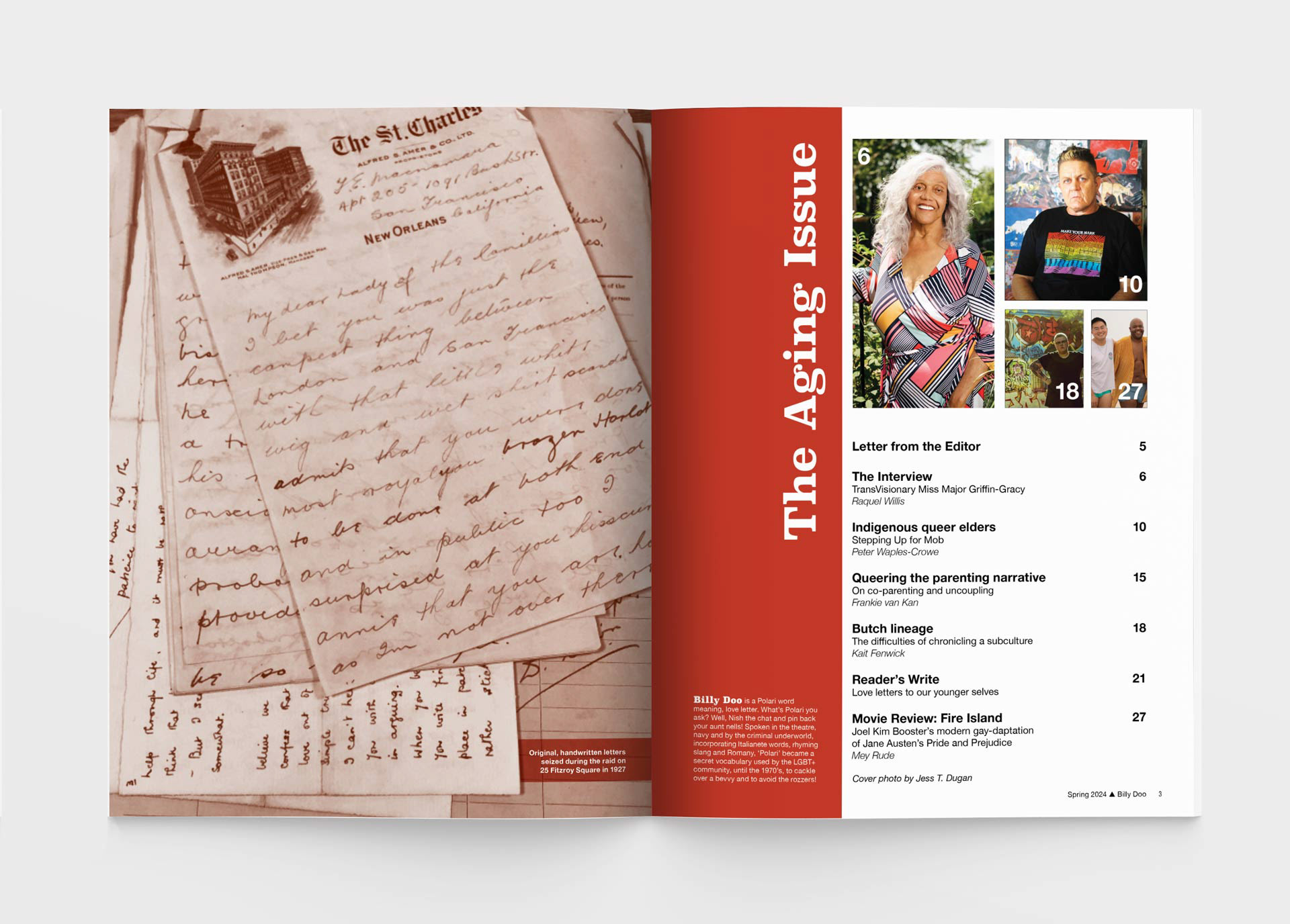 Interior spread of the magazine BillyDoo. The left page shows a close up of a handwritten letter from 1927. The right page is titled The Aging Issue and shows the table of contents for the magazine.