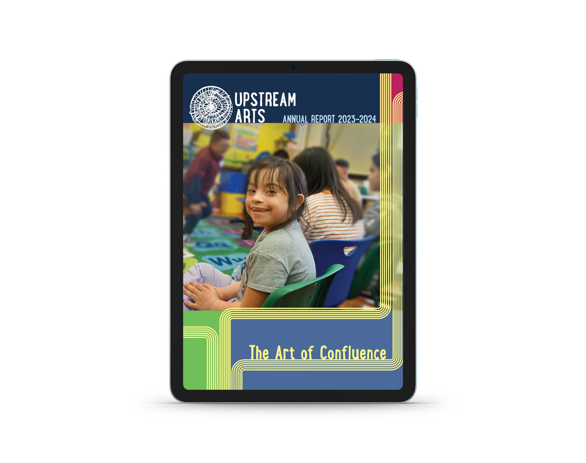 An image of an ipad that reads Annual report 2023-2024, the art of confluence. A young child looks over their shoulder and smiles at the camera.