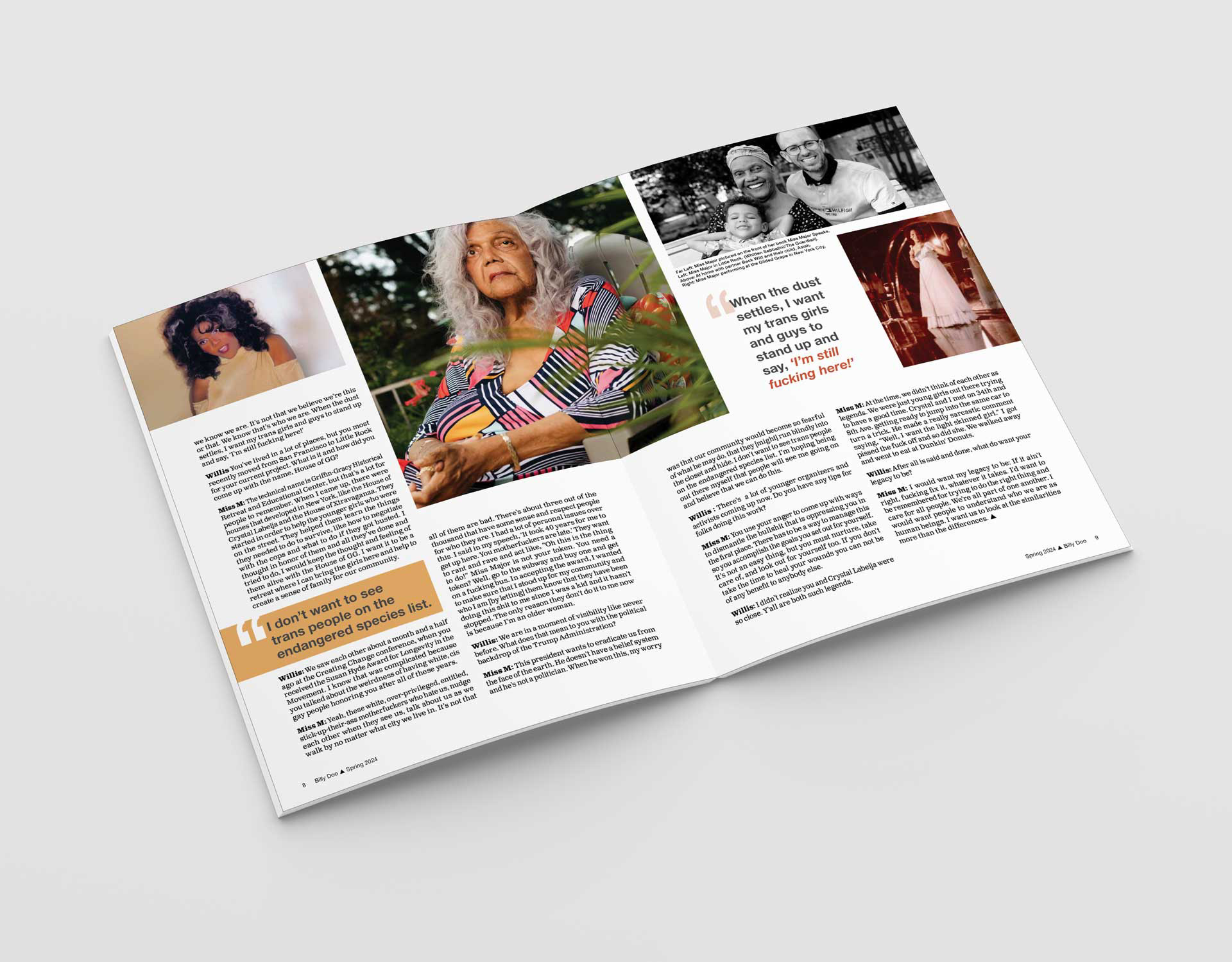 The second spread of the feature article. Several photos of Miss Major in the 1960's are at the top of the page with the text from the article bellow.
