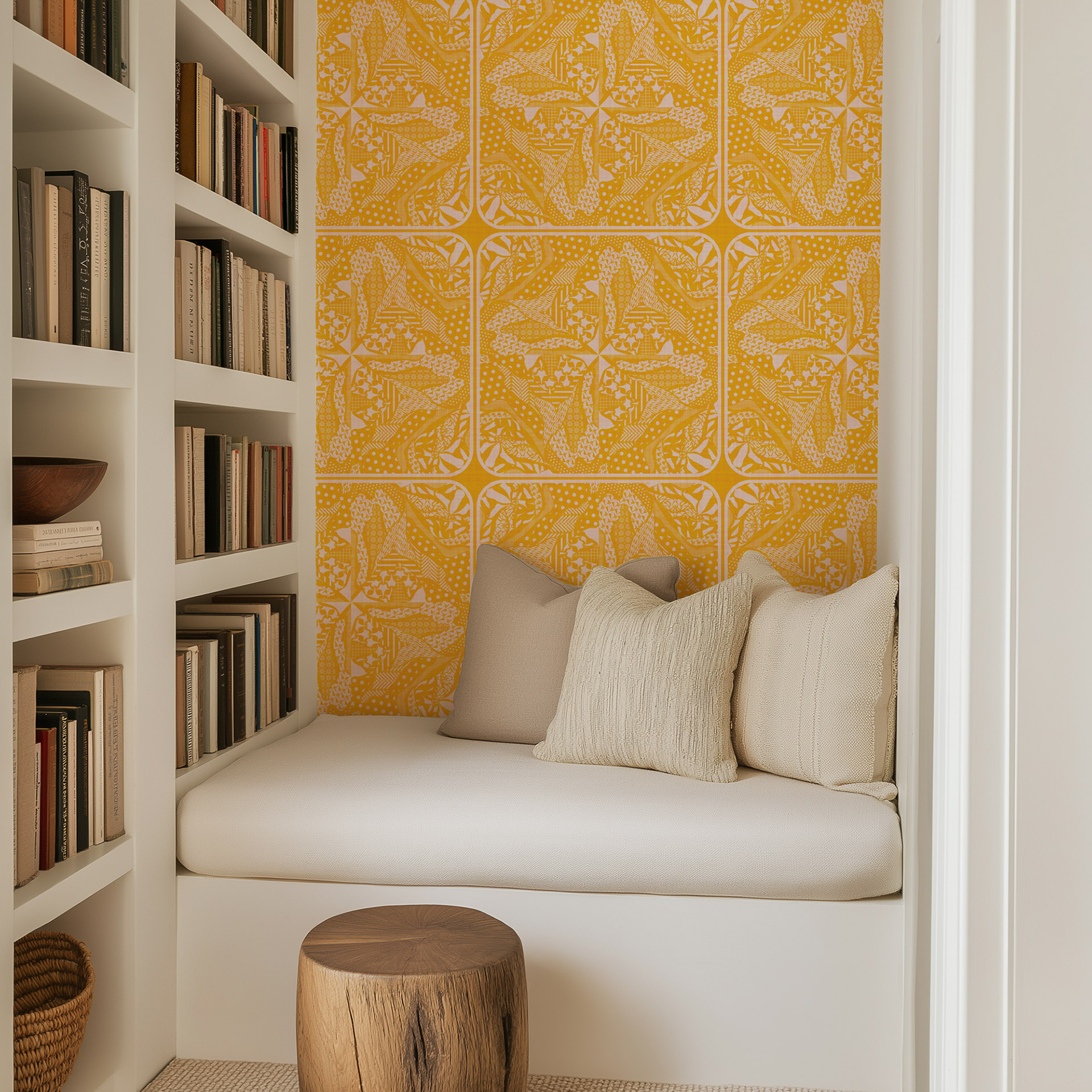 Cozy reading nook with built-in white bench and neutral cushions, featuring a wallpaper in mustard yellow with an intricate geometric and organic tile-inspired pattern, surrounded by white bookshelves and wooden decor accents.