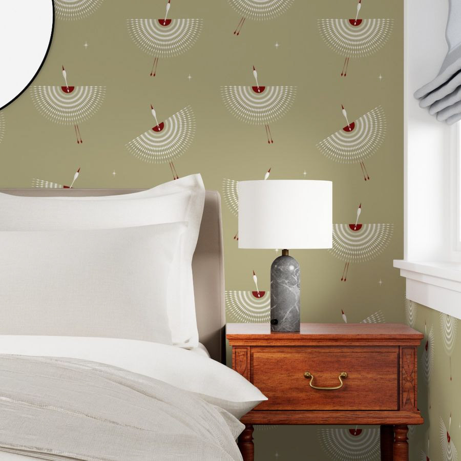 Wallpaper in Art Deco Mid Century Fusion Birds Fans in Dreamscape Gold
