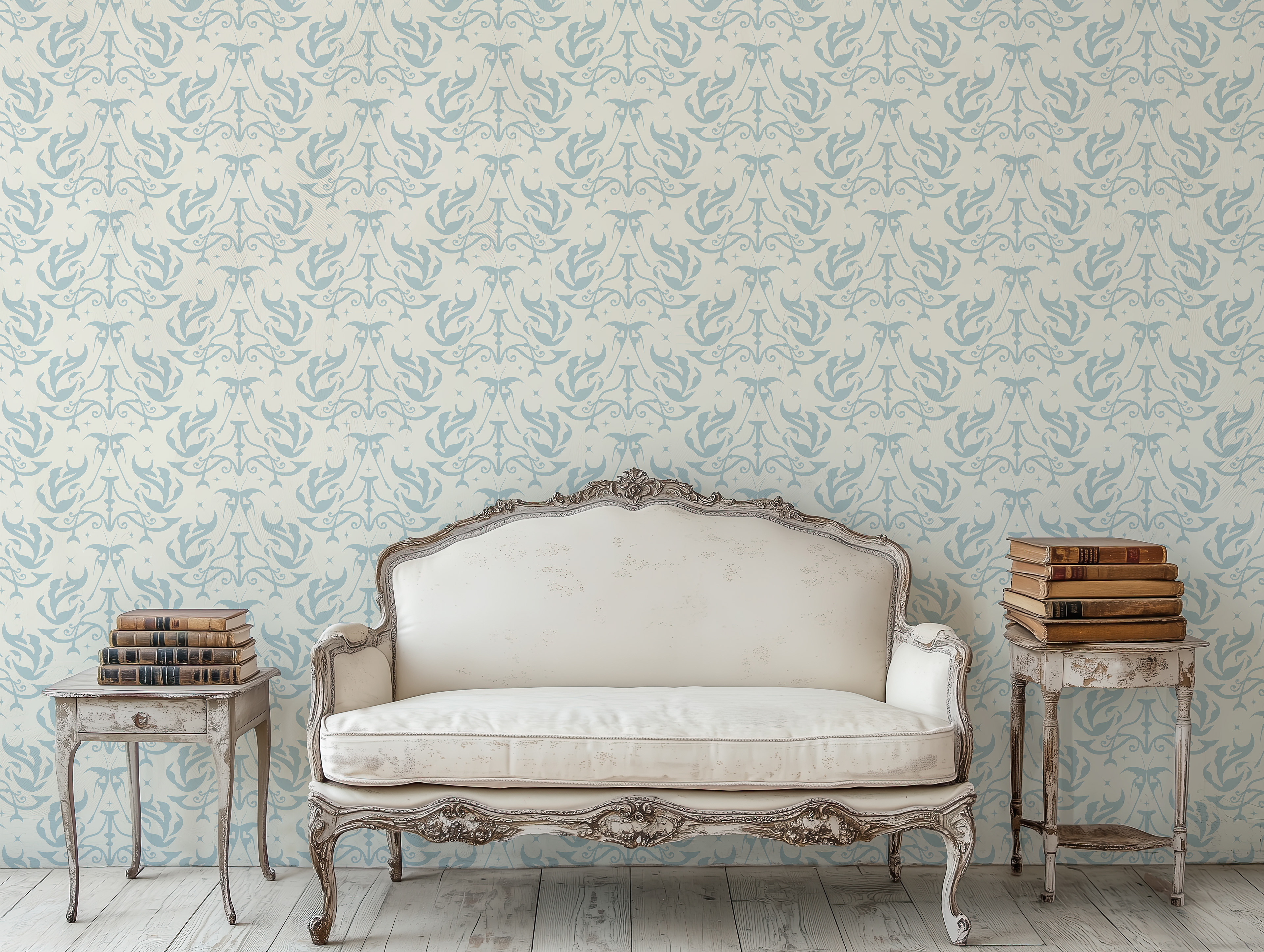 Vintage-inspired traditional wallpaper in soft blue and creme with a repeating botanical leaf pattern, styled in a room featuring a distressed white upholstered bench and two antique side tables stacked with old books, showcasing a cozy and elegant living space.