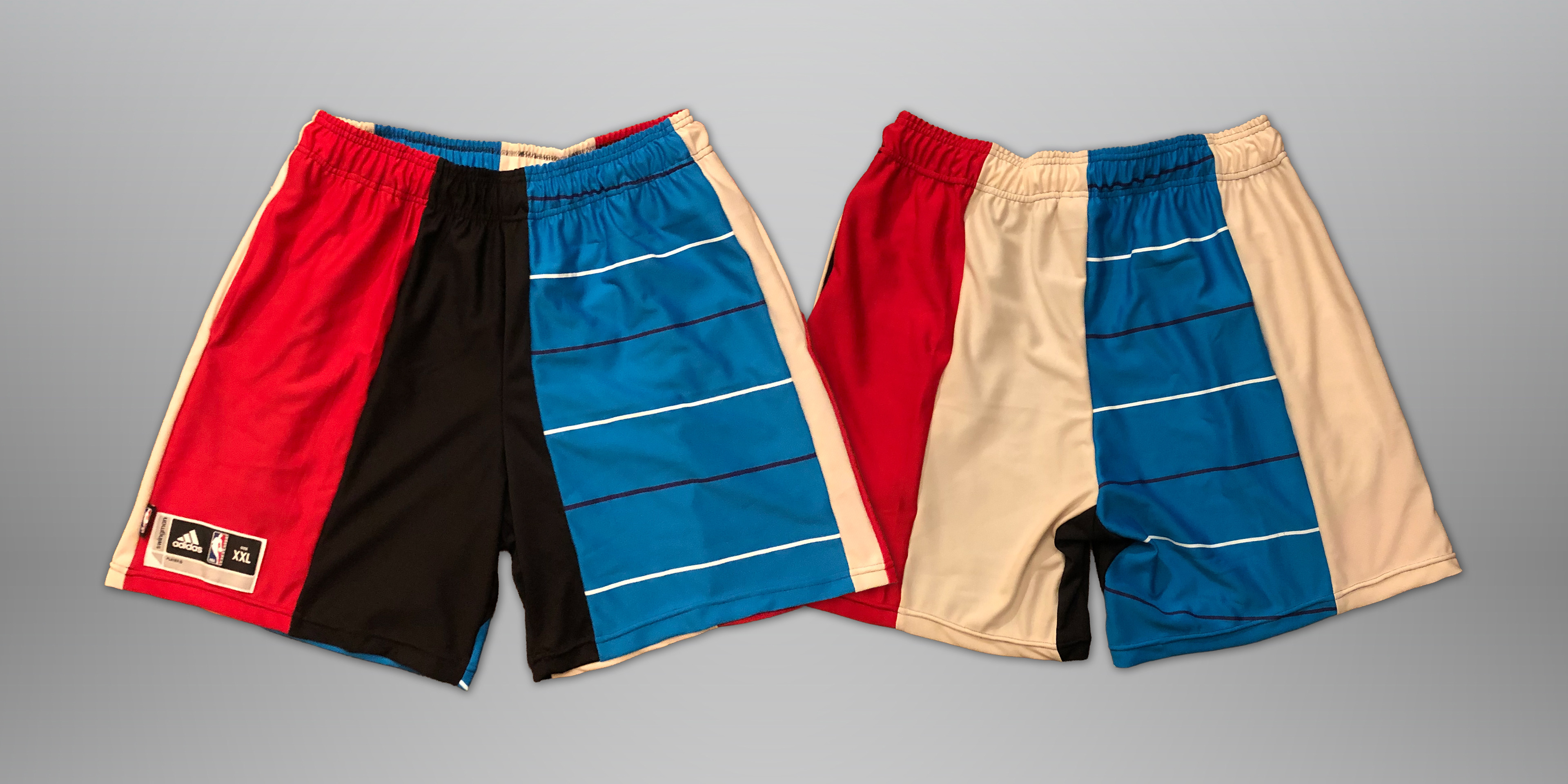 Sewn from jersey scraps. Features elastic waistband, drawstring, and 2 deep side hem pockets. Slightly cropped fit (above the knee).