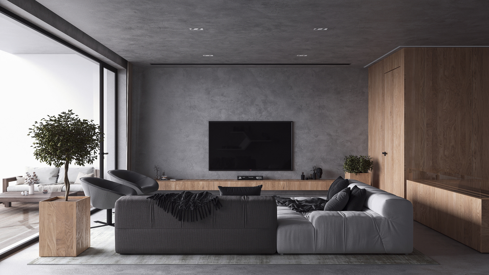 interior nash concrete minimal folding origami wood beton bebitalia graffiti minimalistic living sofa fireplace lighting tv area pot shelves