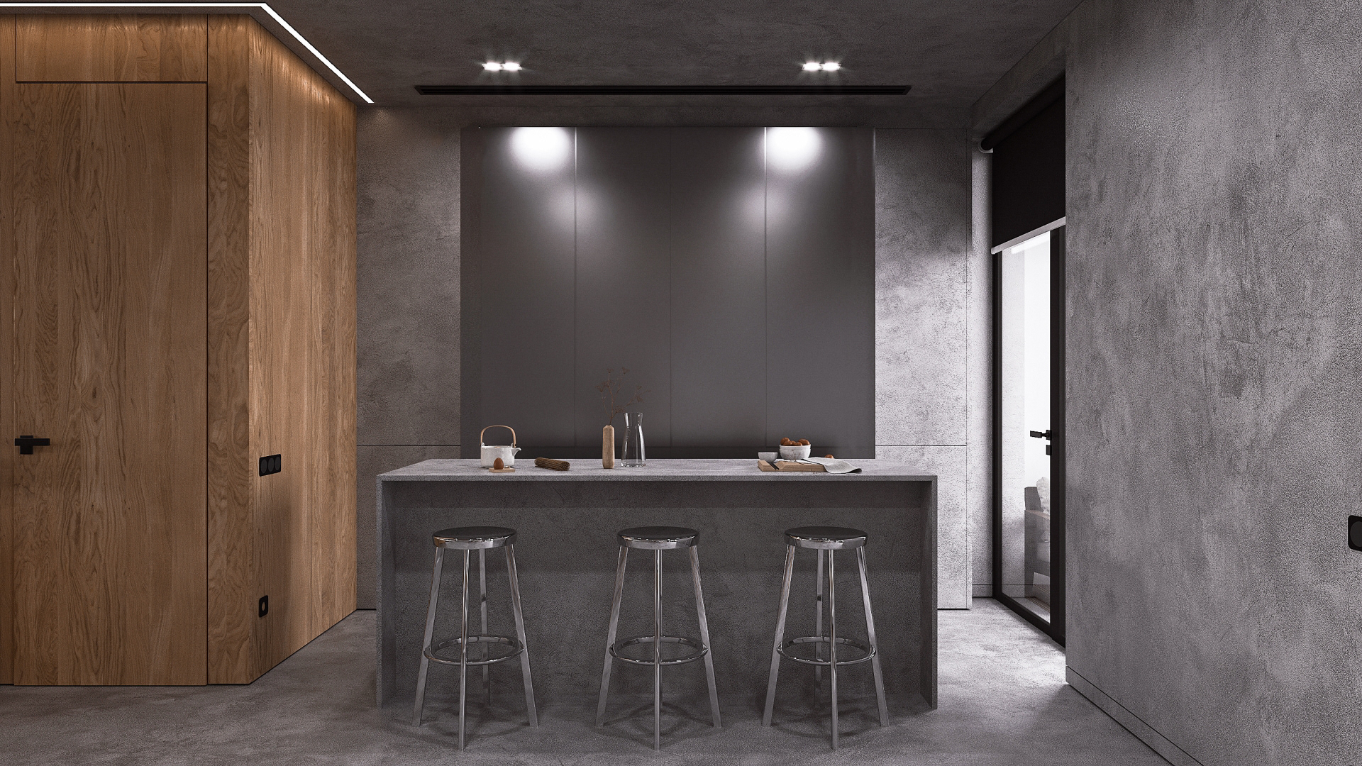 interior nash concrete minimal folding origami wood beton bebitalia graffiti minimalistic living sofa fireplace lighting tv area pot shelves view kitchen island stainless steel